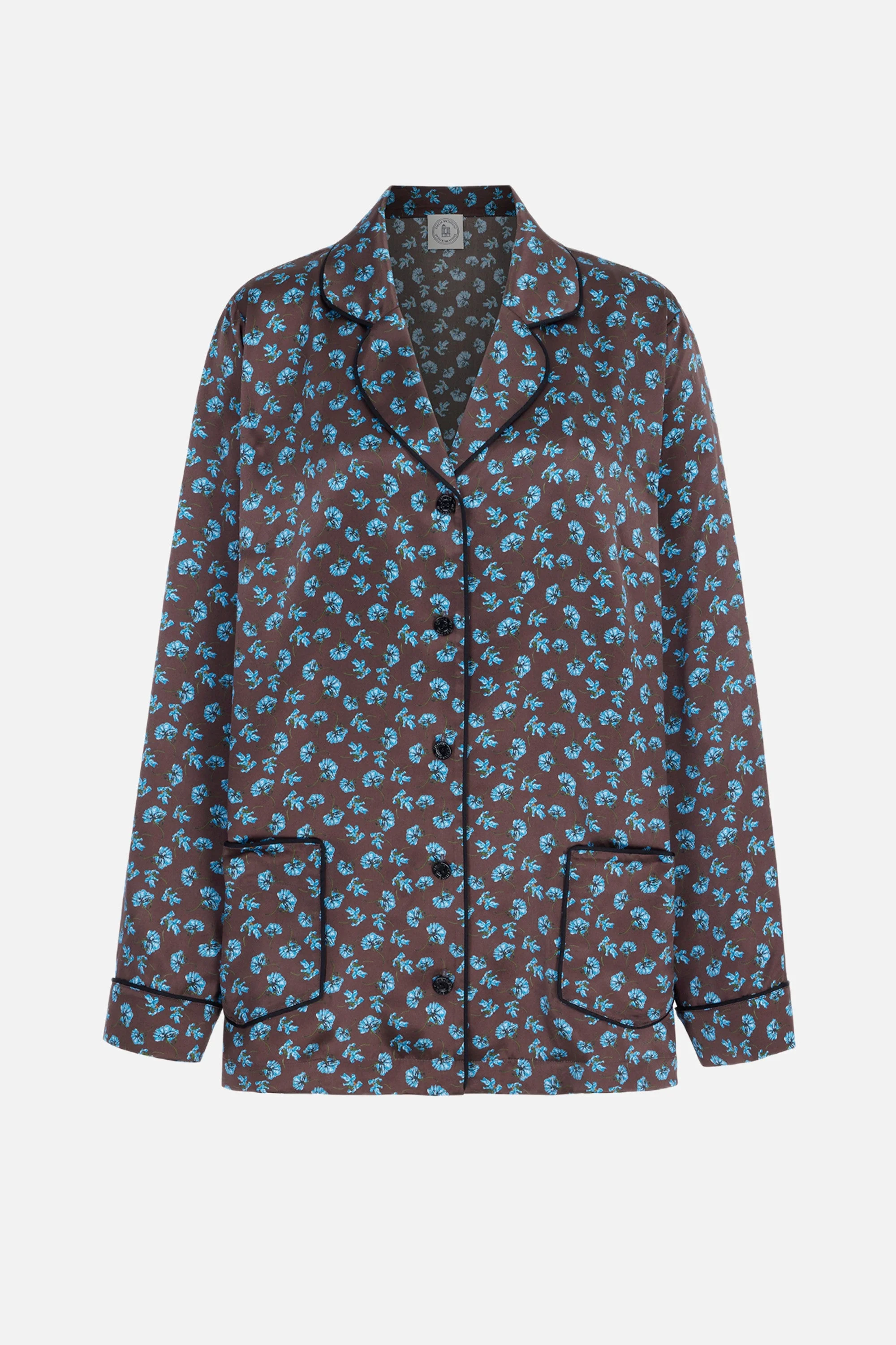 Trina Shirt In Ditsy Blue Marigold On Chocolate Silk Satin - 1