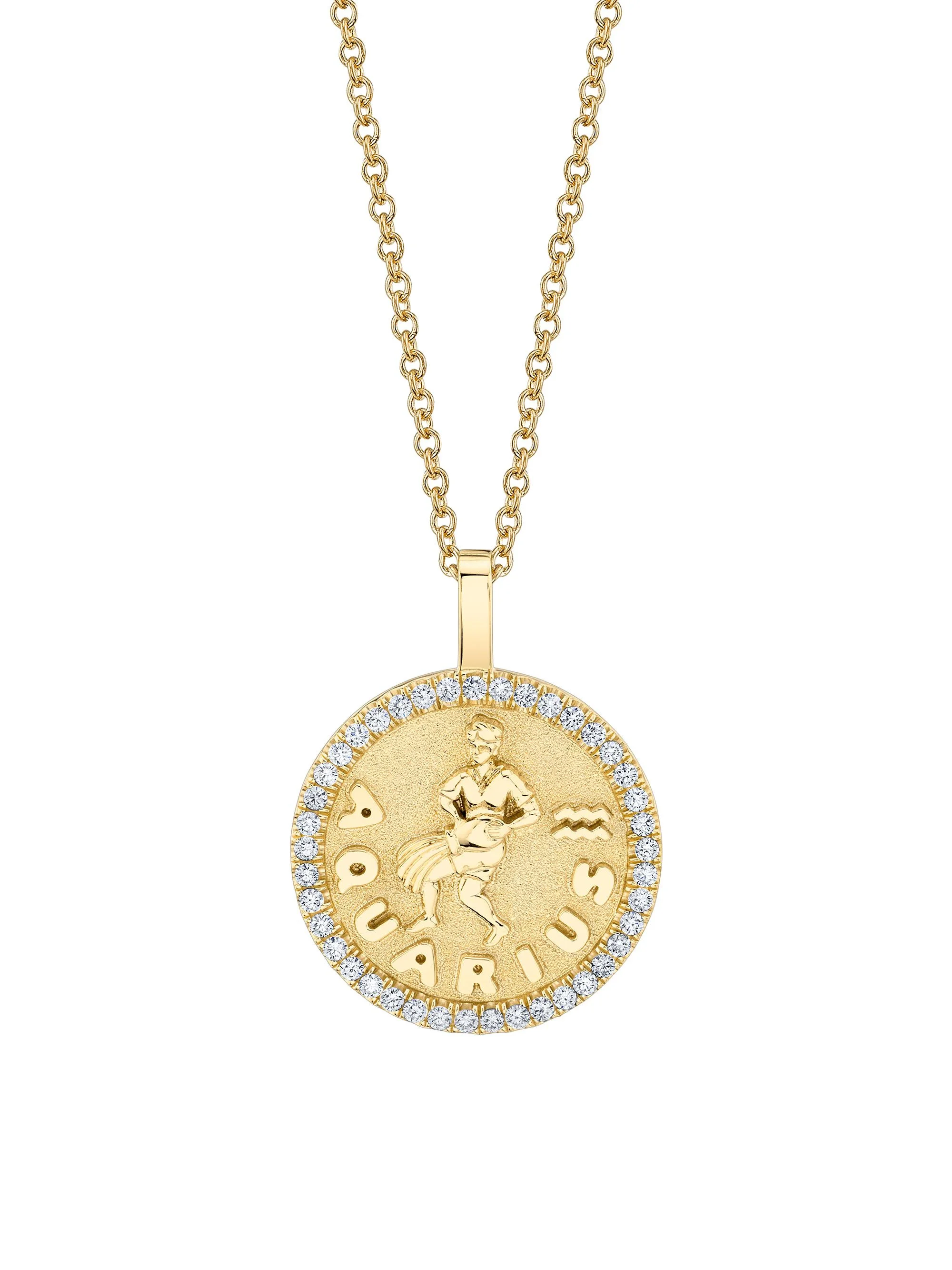 Women's Zodiac 18K Yellow Gold & 0.48 TCW Diamond Large Coin Pendant Necklace - Aquarius - 1