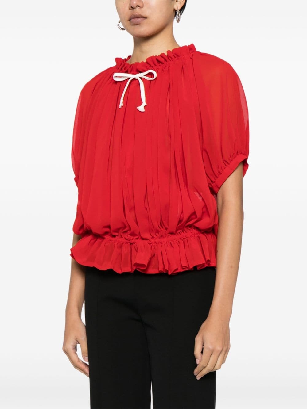 contrasting-bow ruched semi-sheer blouse - 3