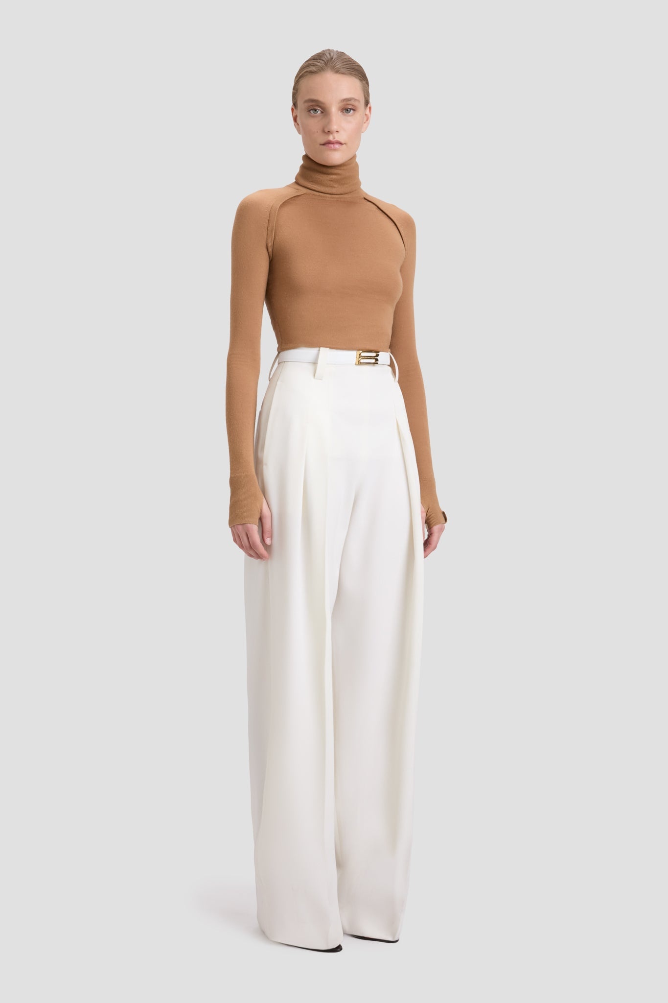 High Waisted Cinched Trouser In Ivory - 3