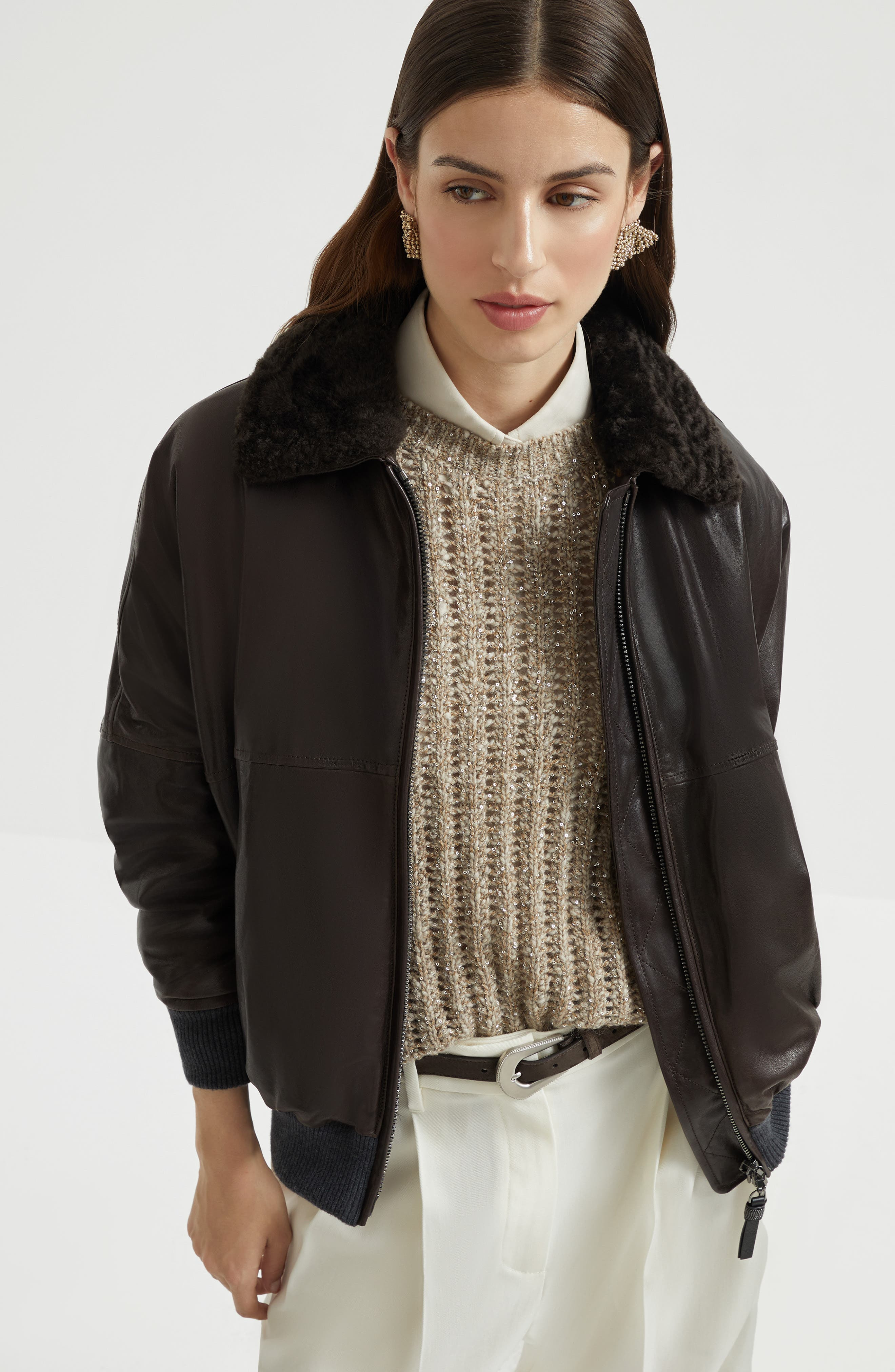 Brunello Cucinelli Nappa leather bomber jacket in Cocoa at Nordstrom - 5