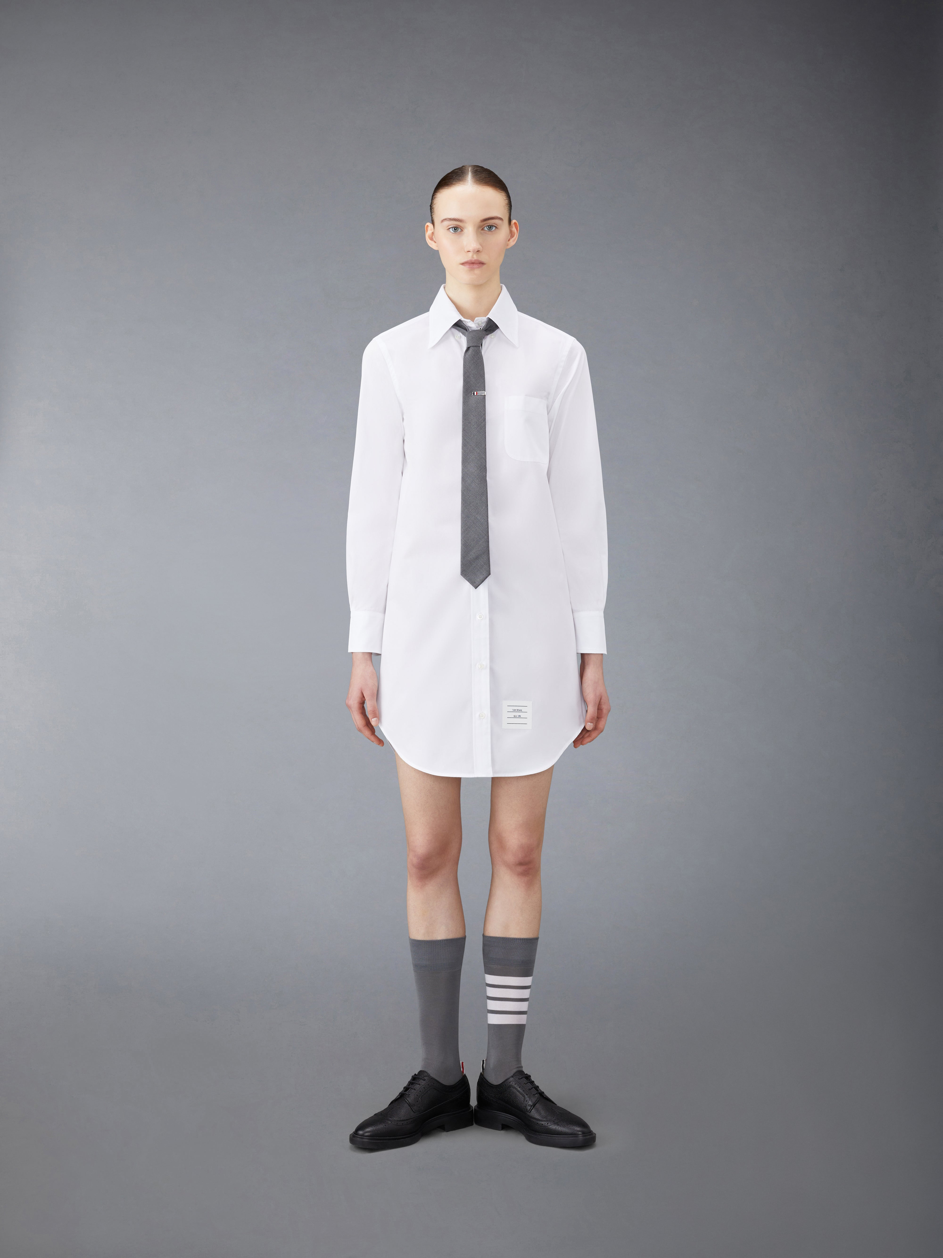 White Solid Poplin Stripe Grosgrain Placket Thigh Length Point Collar Shirtdress - 5