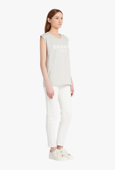 Light gray eco-designed cotton T-shirt with white Balmain logo print - 7