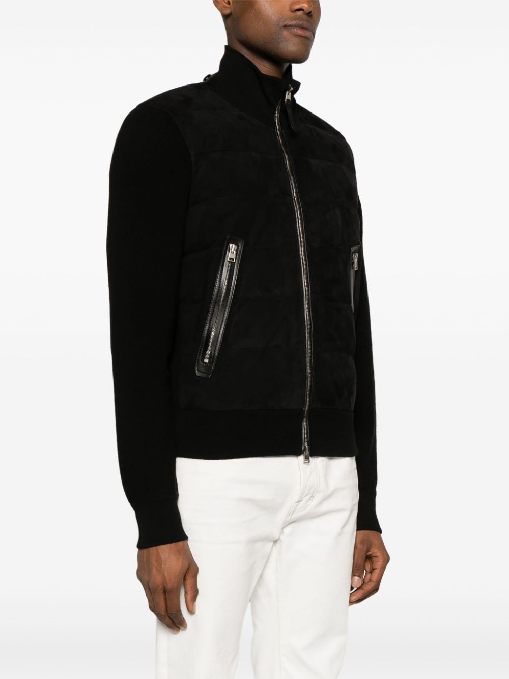 suede-panelled knitted bomber jacket - 3