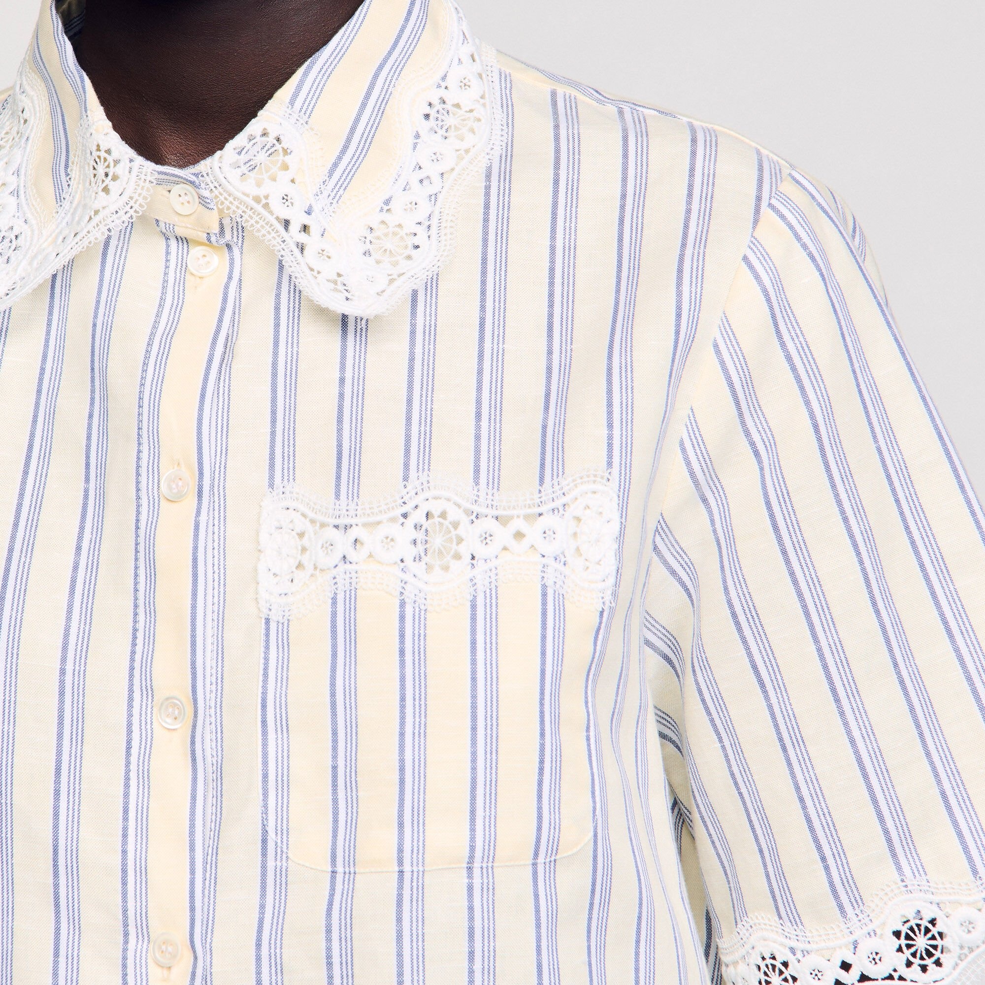 STRIPED CROPPED SHIRT WITH LACE TRIM - 3