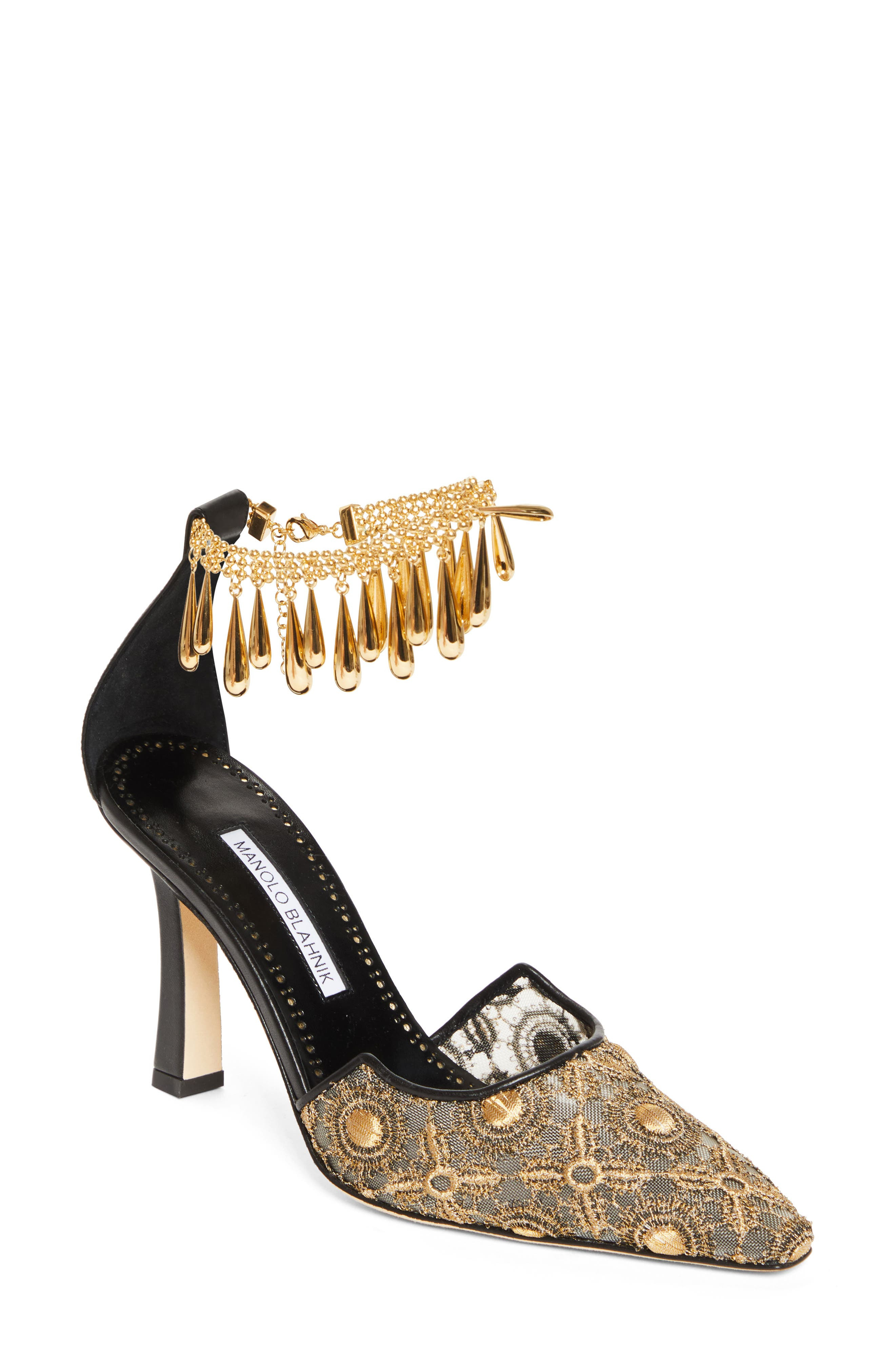 Manolo Blahnik Harniscus Ankle Strap Pump in Yellow Gold/Black at Nordstrom - 1