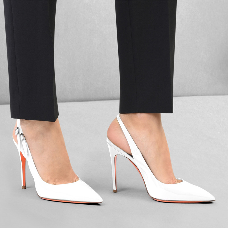 Santoni Women's white patent leather high-heel slingback outlook