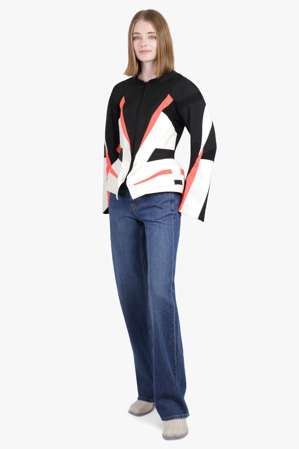 FITTED WAIST JACKET WITH FLARE SLEEVES | BLACK/WHITE/FLURO ORANGE - 2