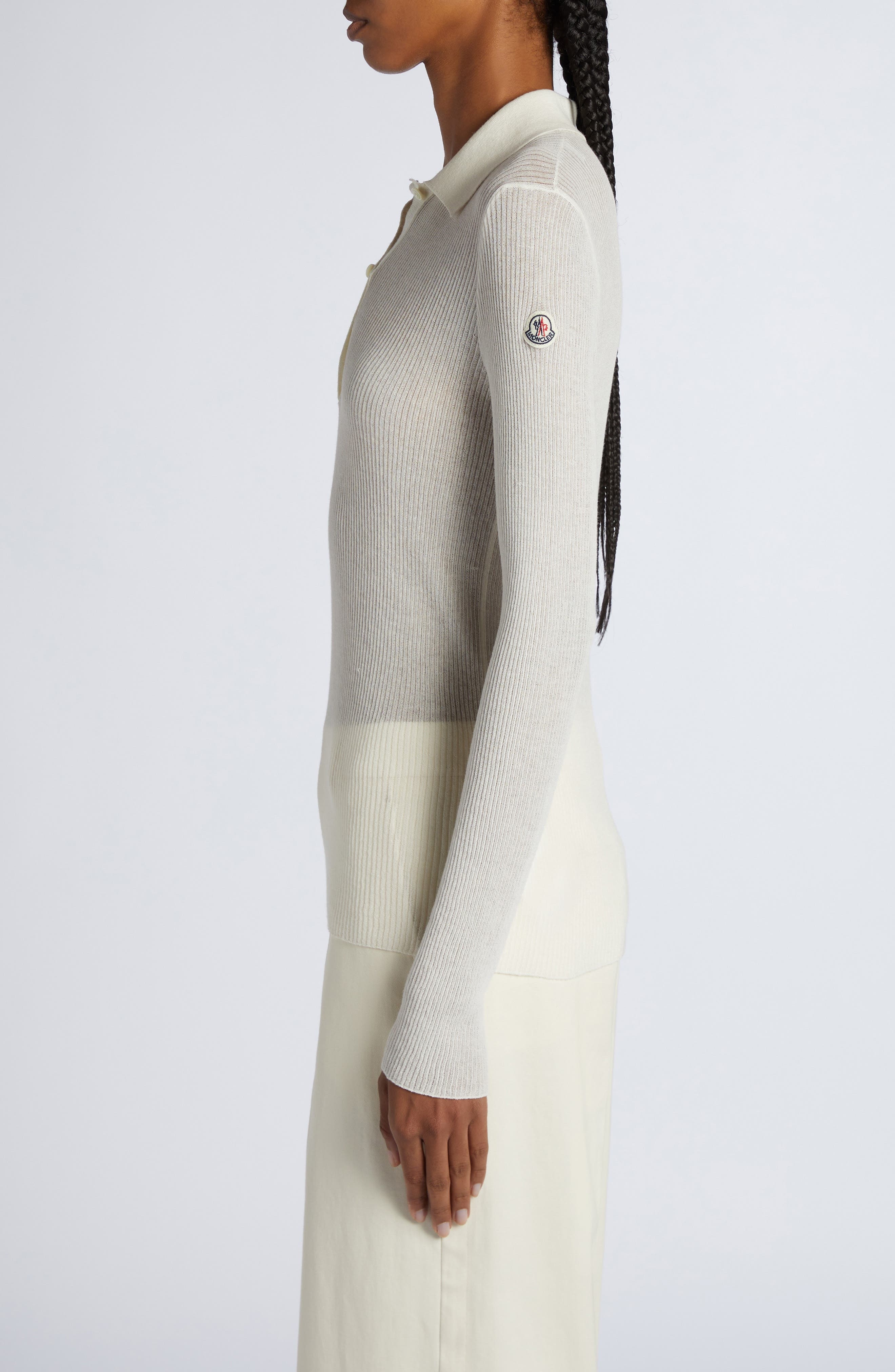 Moncler Long Sleeve Rib Polo Sweater in White at Nordstrom - 3