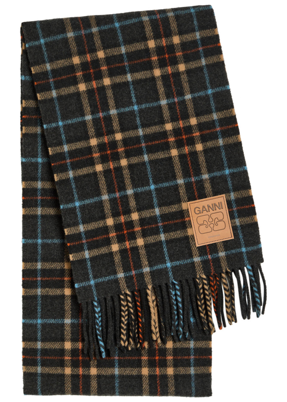 Ganni Checked Fringed Wool Scarf - 1