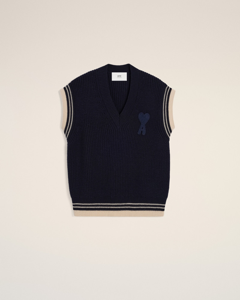 NAVY WOOL RIBBED SLEEVELESS V NECK SWEATER 1