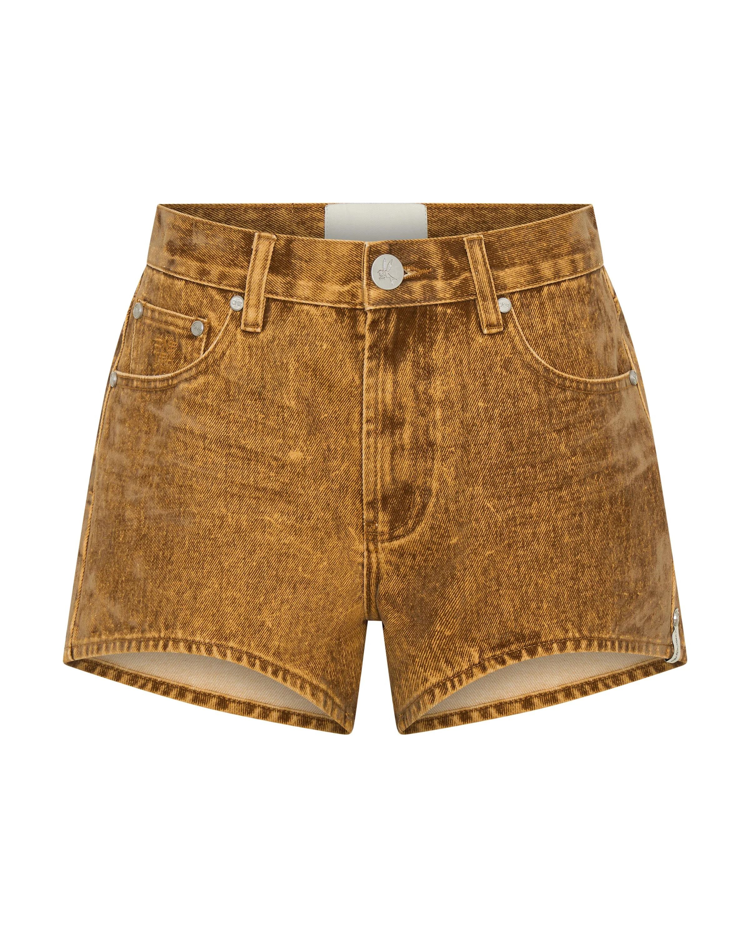 Truckers Mid Waist Relaxed Flocked Denim Shorts - Burnt Tobacco - 1