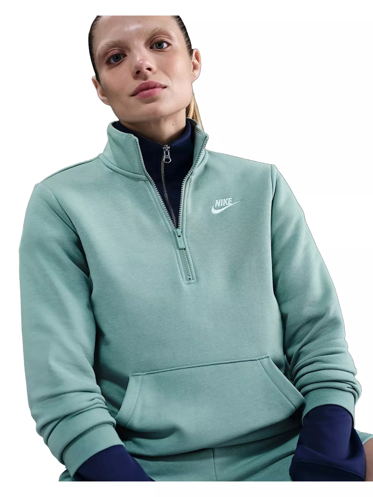 Women's Sportswear Club Fleece Standard 1/4-Zip Sweatshirt -Green/White - 3