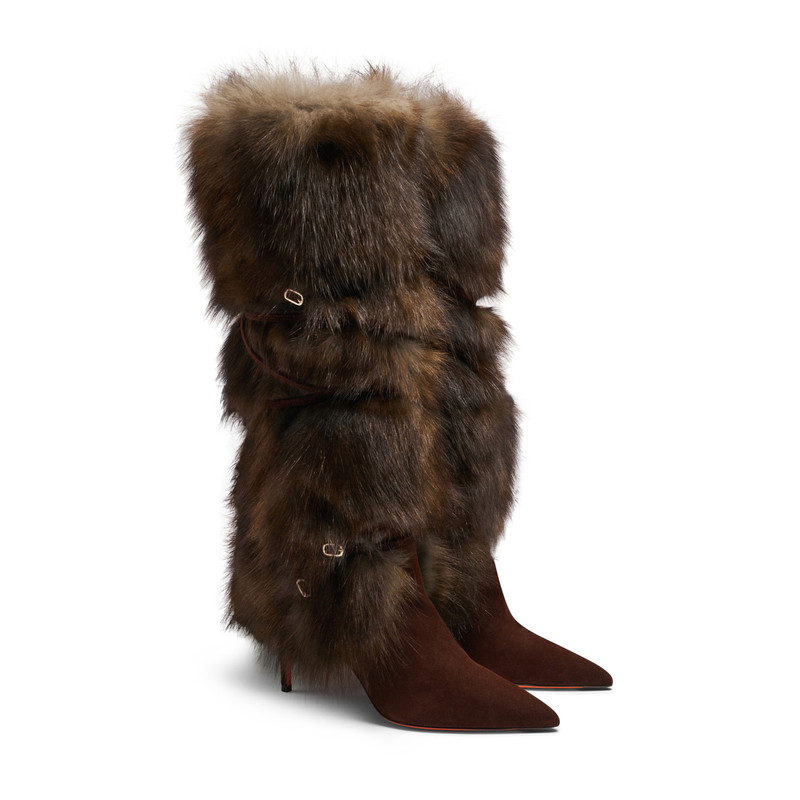 Women's dark brown leather and fox high-heel boot 3
