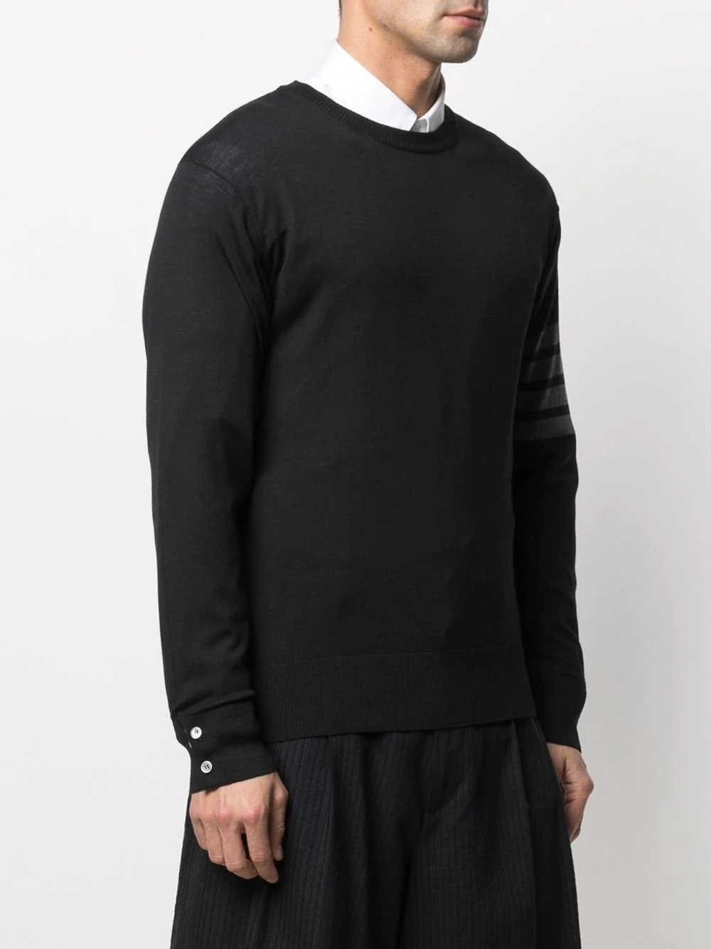 Black Fine Merino Wool 4-Bar Classic Crewneck Pullover - 3