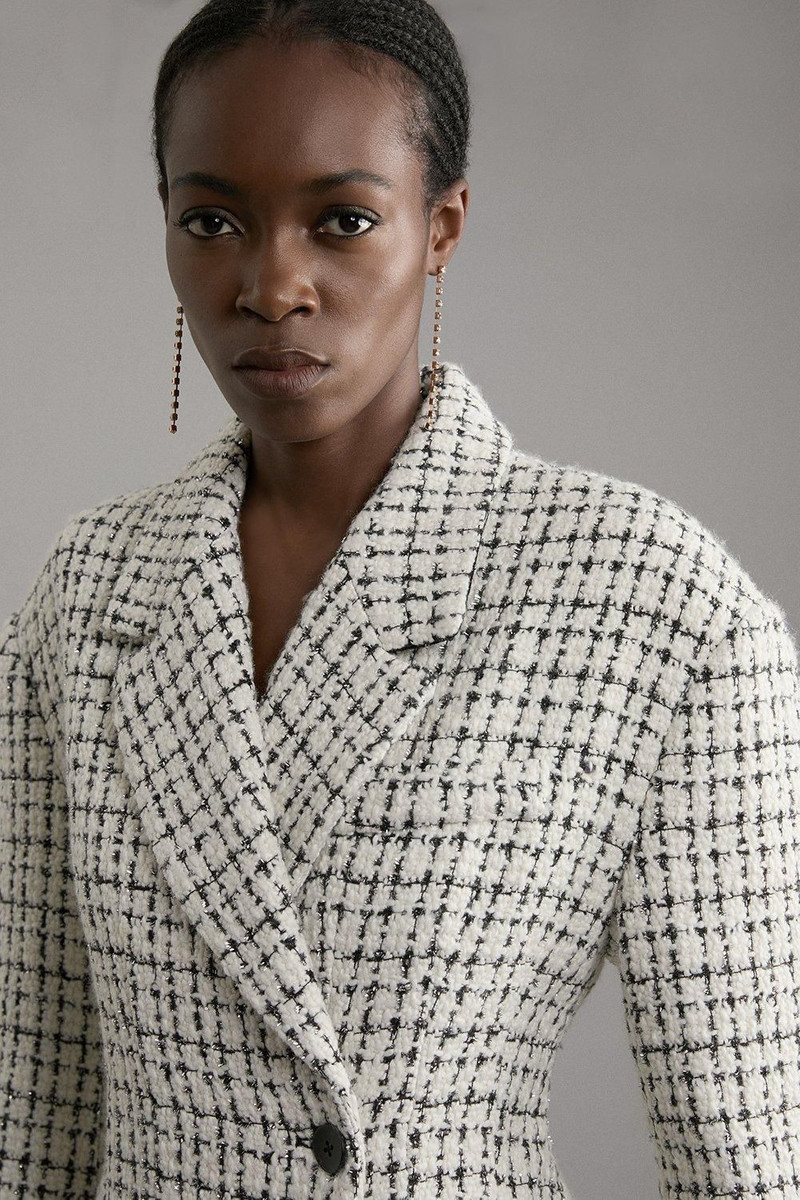 Metallic Texture Check Darted Waist Midaxi Tailored Coat 5