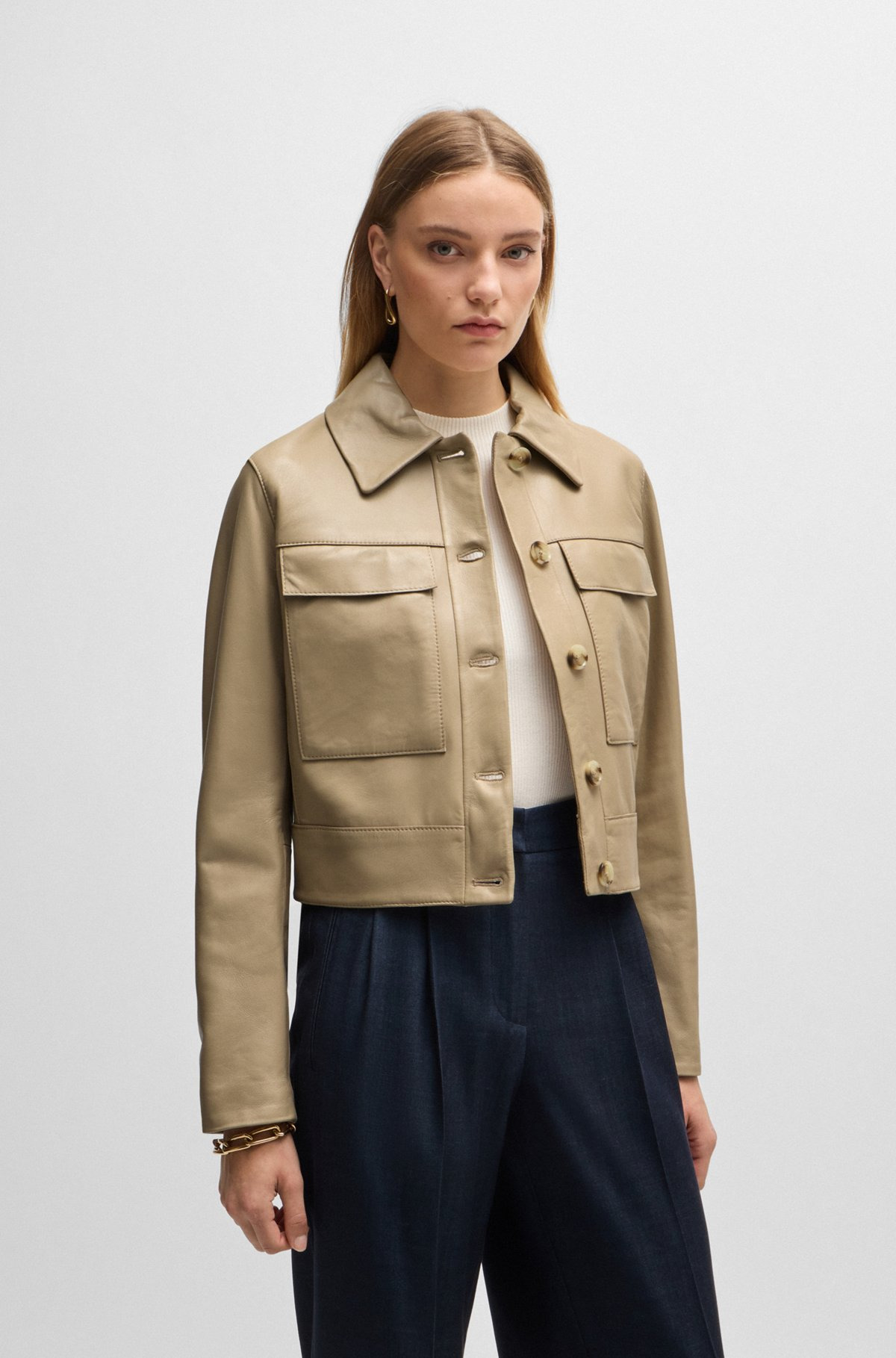 LEATHER JACKET WITH CONTRAST CUFFS AND BUTTONED CLOSURE - 2