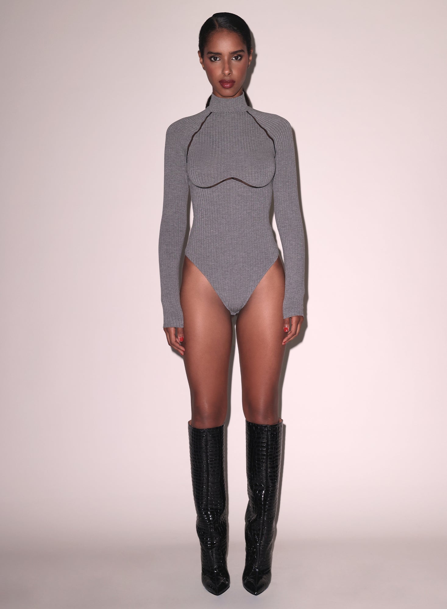 Rib Bodysuit with Lattice Trim - 3