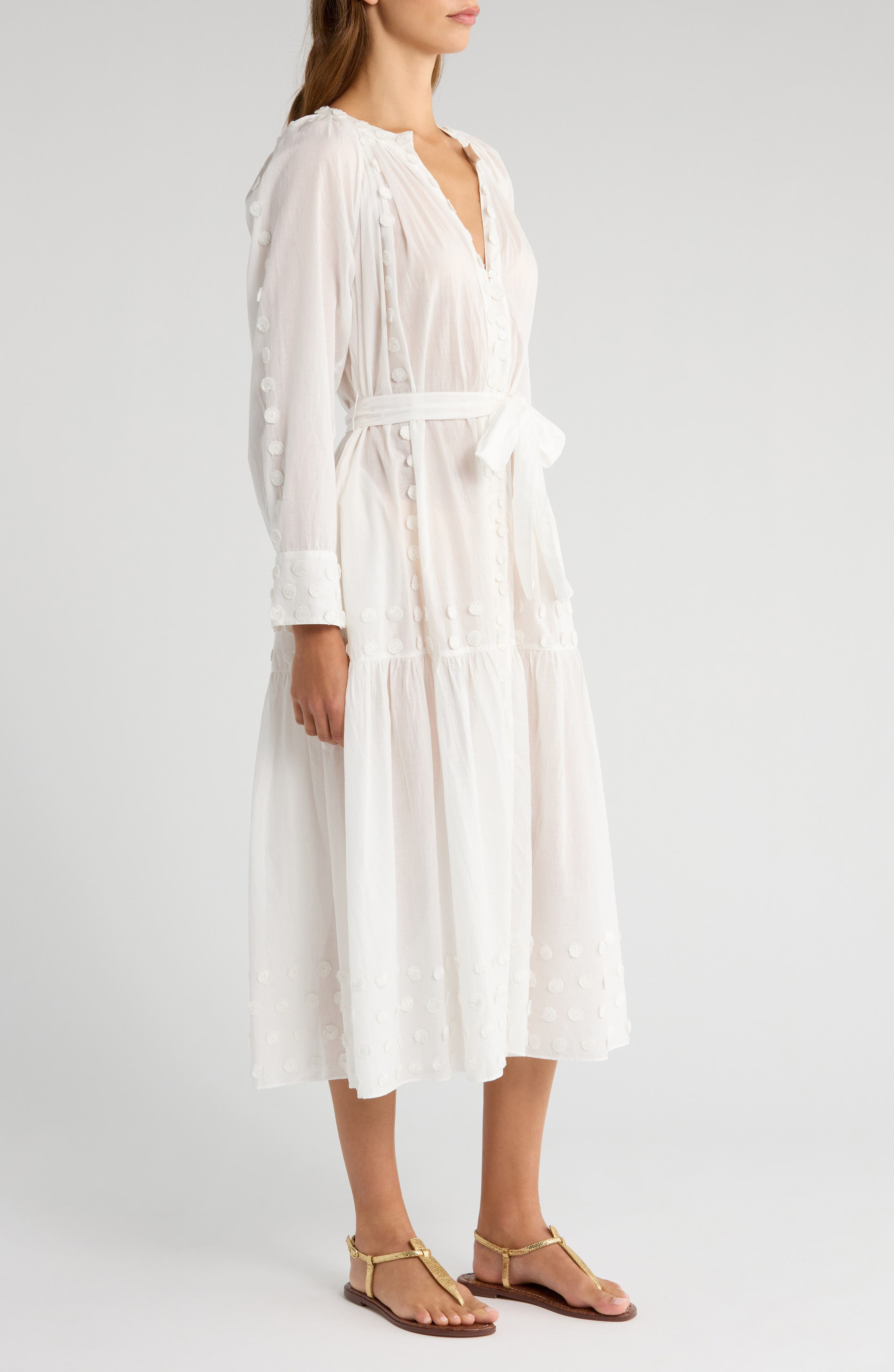Ulla Johnson Emera Embroidered Tie Waist Long Sleeve Midi Dress in Pristine at Nordstrom - 3