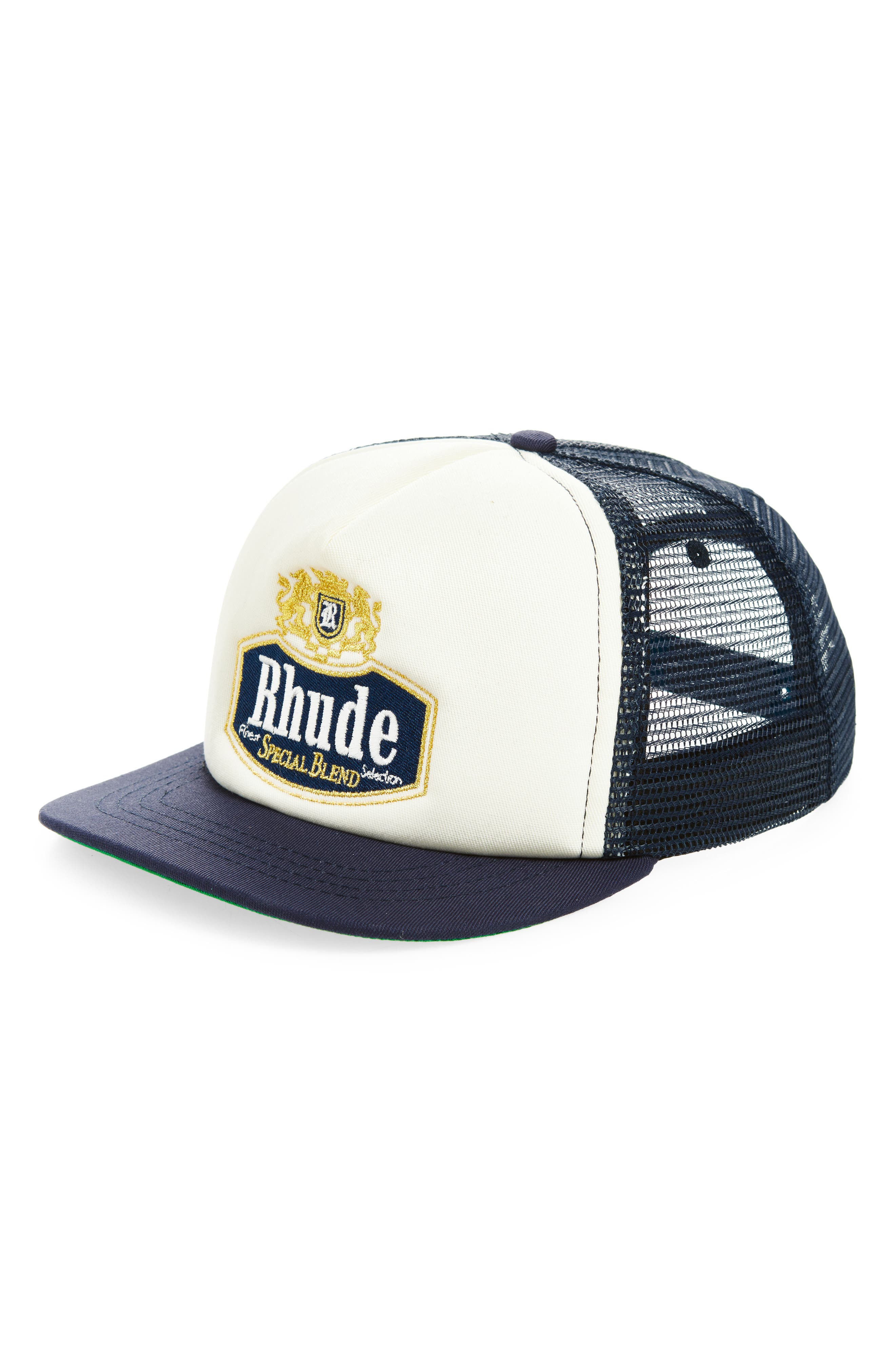 Rhude Logo Embroidered Trucker Hat in Navy /Off-White 3039 at Nordstrom - 1