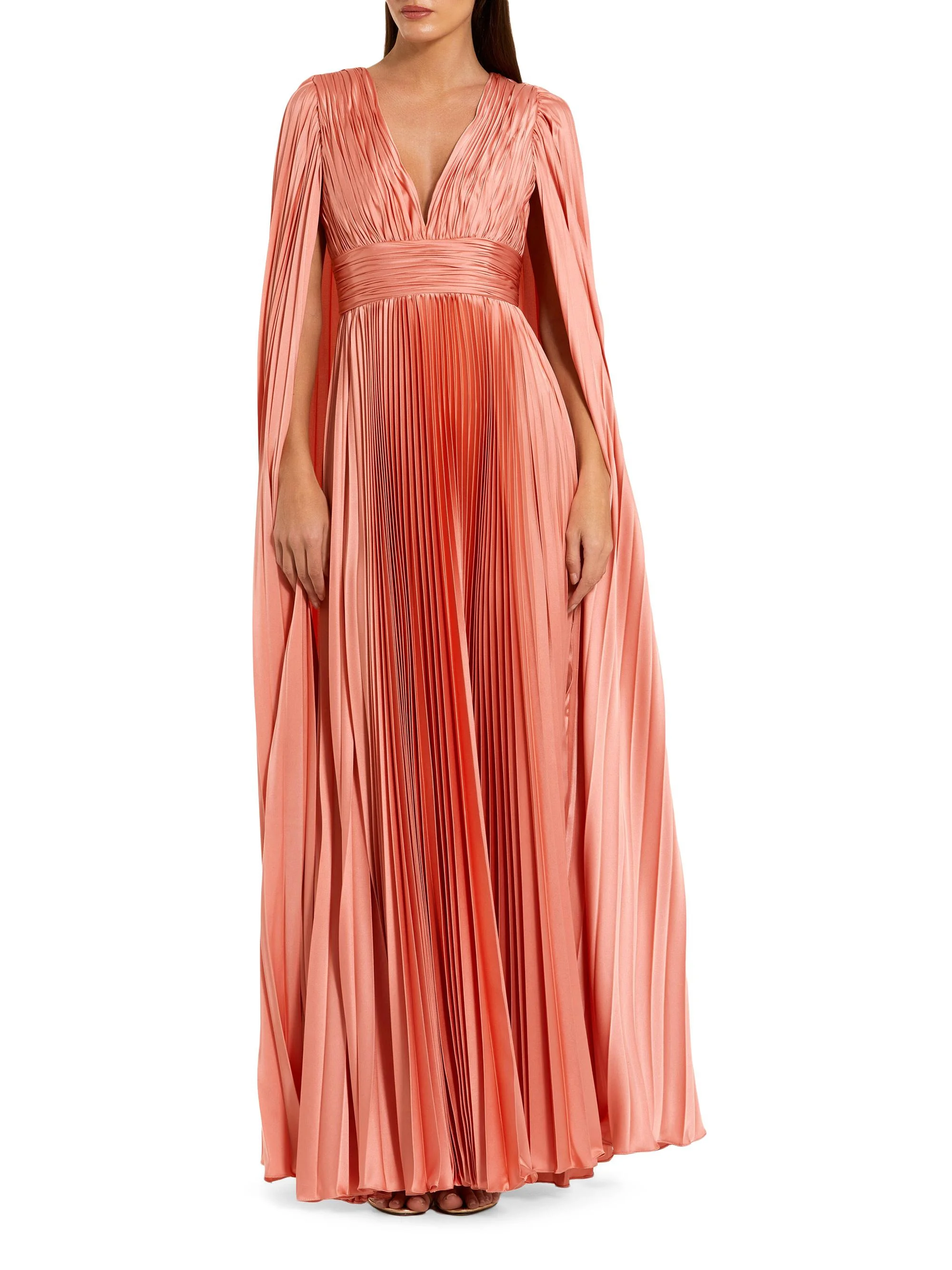 Women's Metallic Pleated Charmeuse Cape Gown - Peach - 1