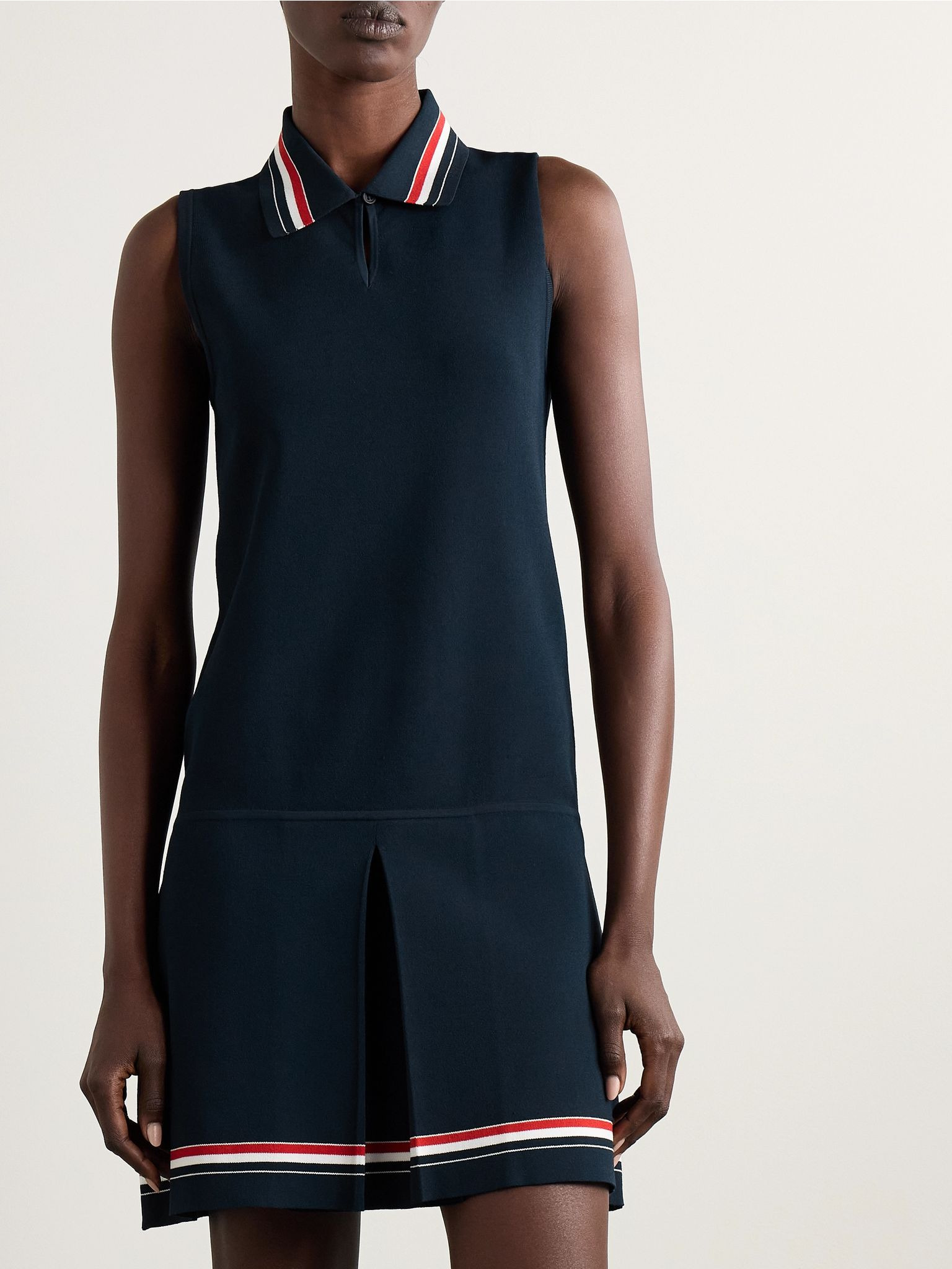 Pleated striped stretch-knit mini dress Navy - 3
