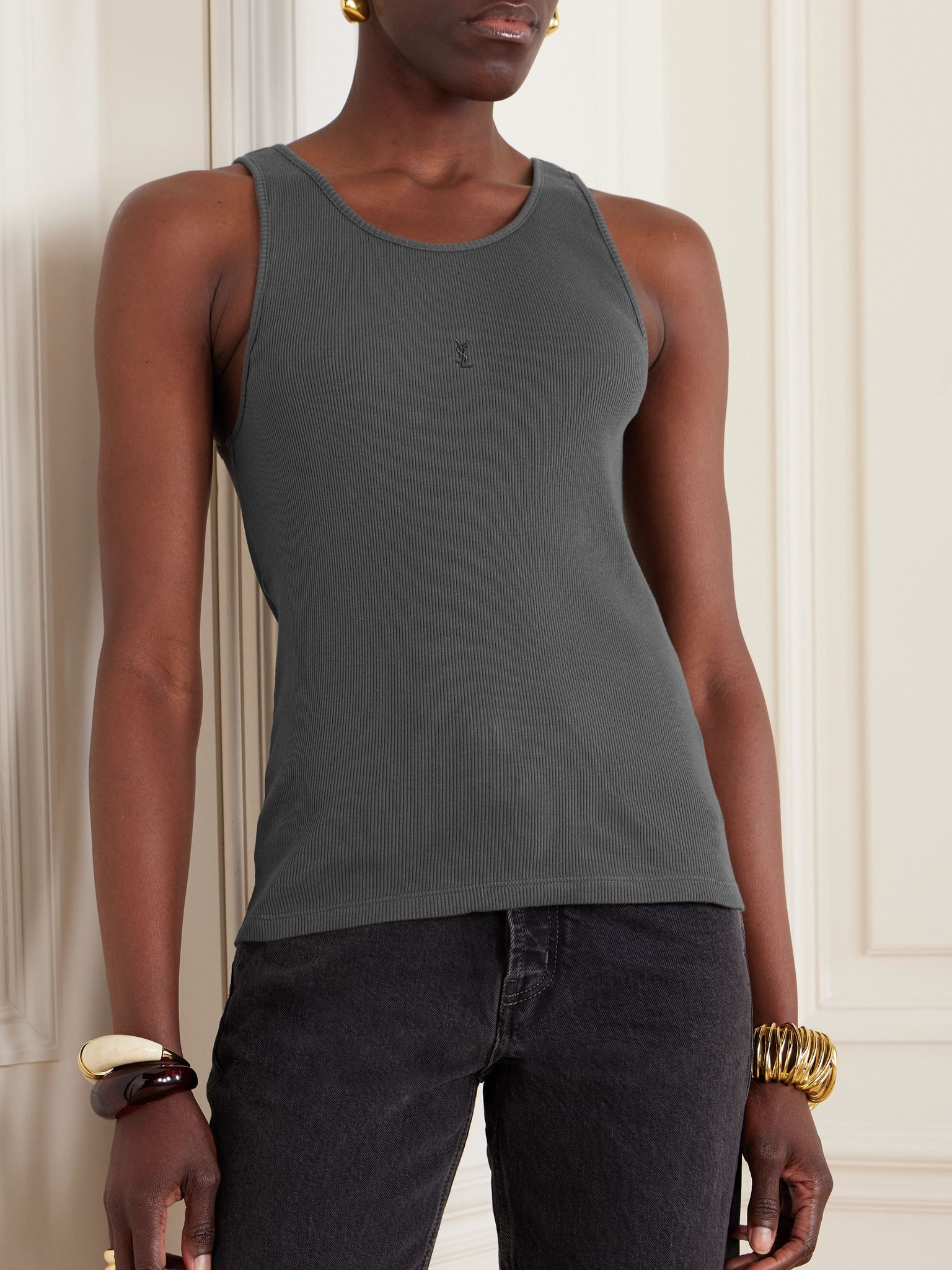 Cassandre embroidered ribbed cotton-jersey tank Dark gray - 3