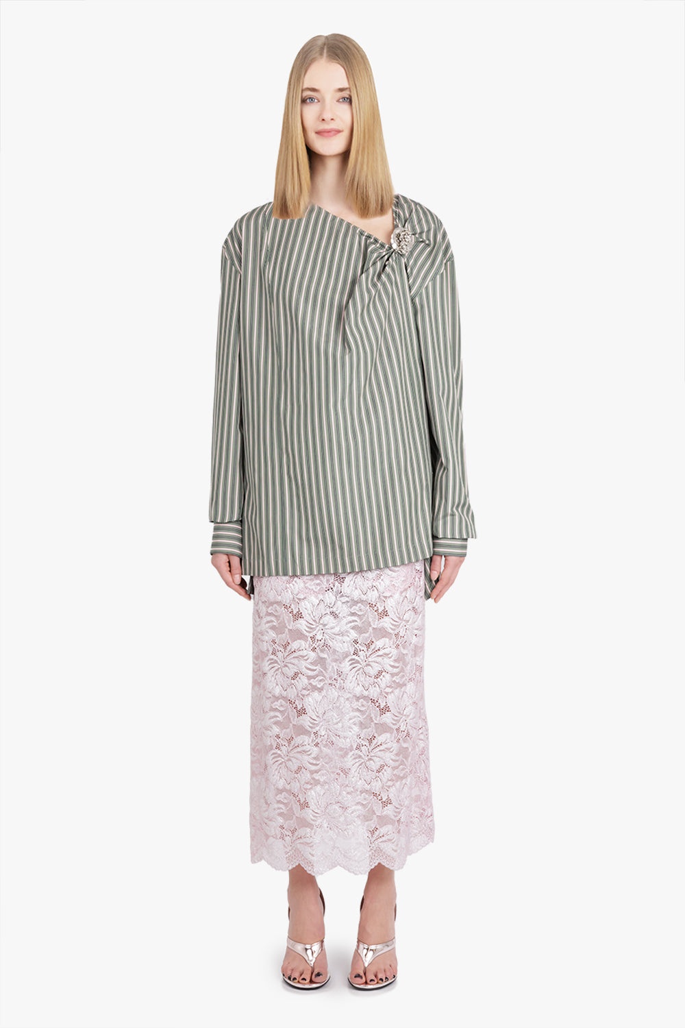 CIJOU STRIPE ASYMMETRICAL KNOT DETAIL L/S BLOUSE | PISTACHIO/PINK - 5