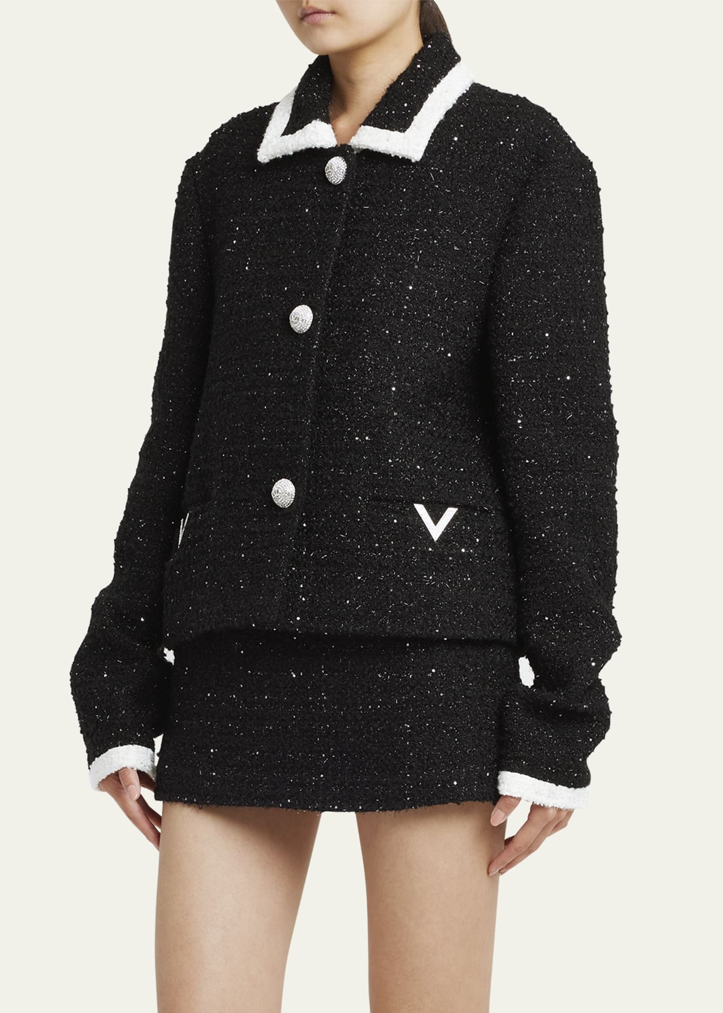 Metallic Tweed Contrast-Trim Collared Blazer Jacket - 4