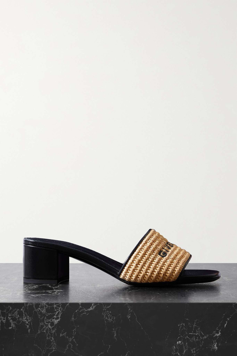 4G leather-trimmed embroidered raffia mules 1