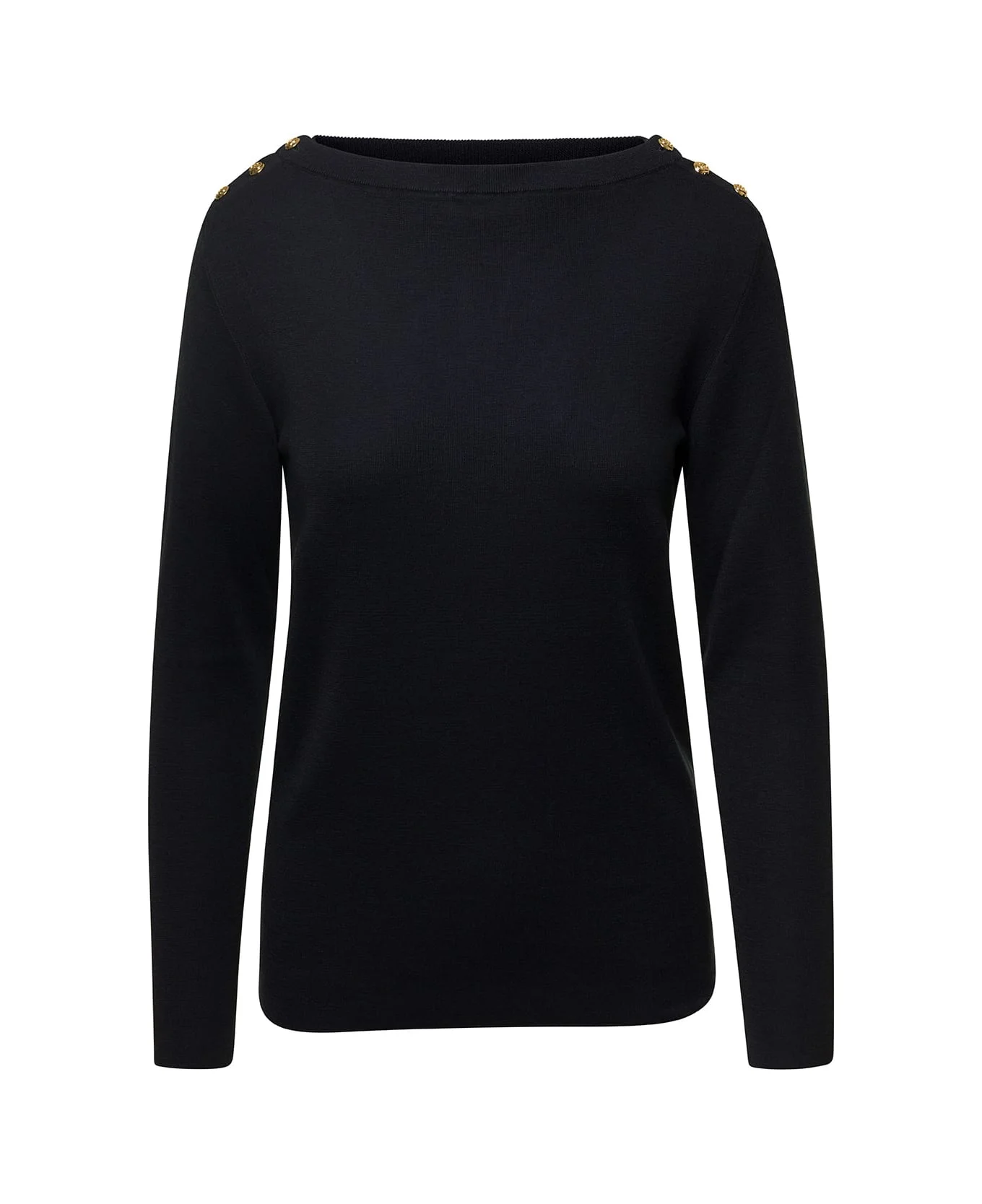 Black Sweater With Boat Neckline And Golden Logo Buttons In Cashmere Woman - 1