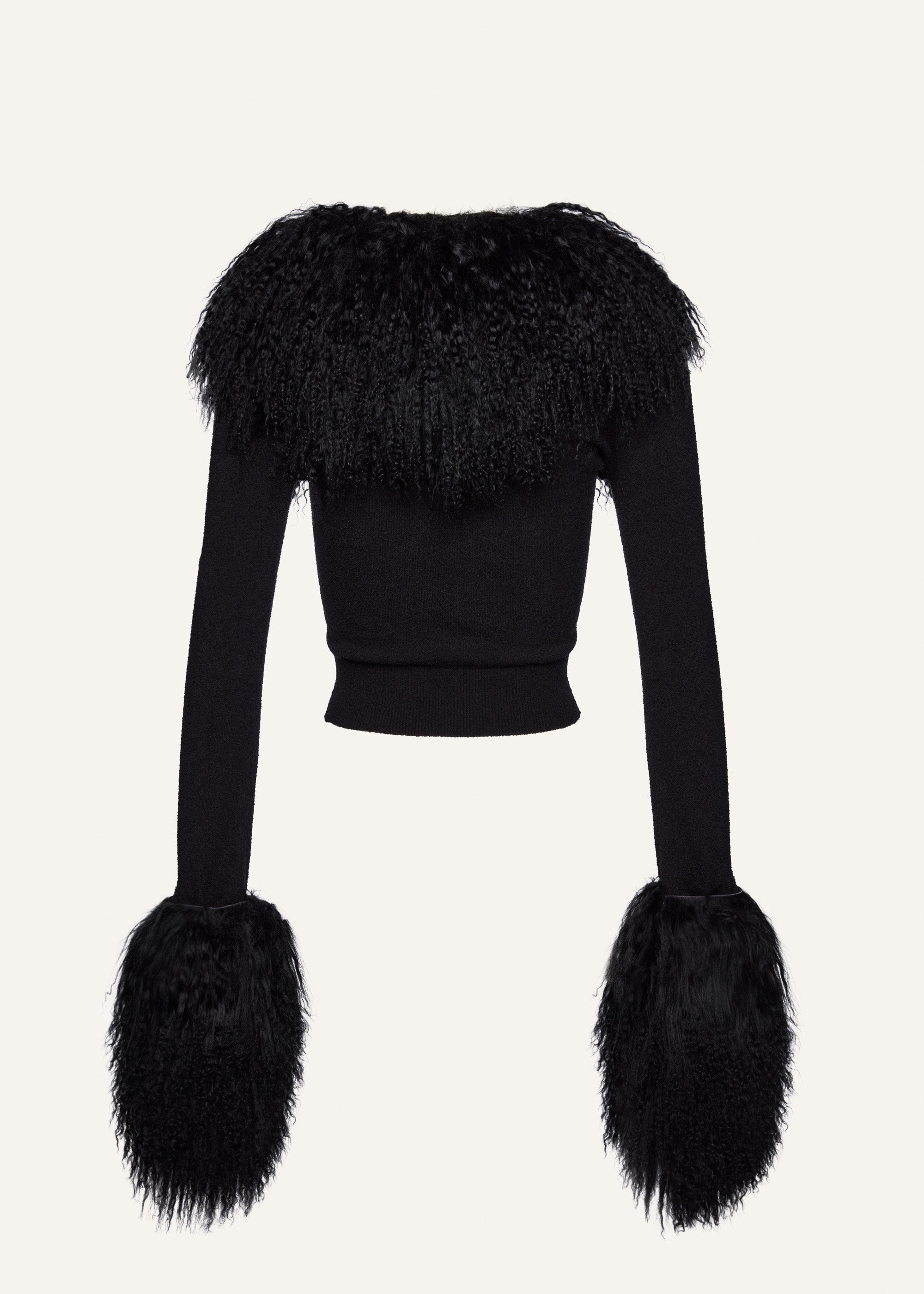 Shag shearling cropped cardigan in black - 2