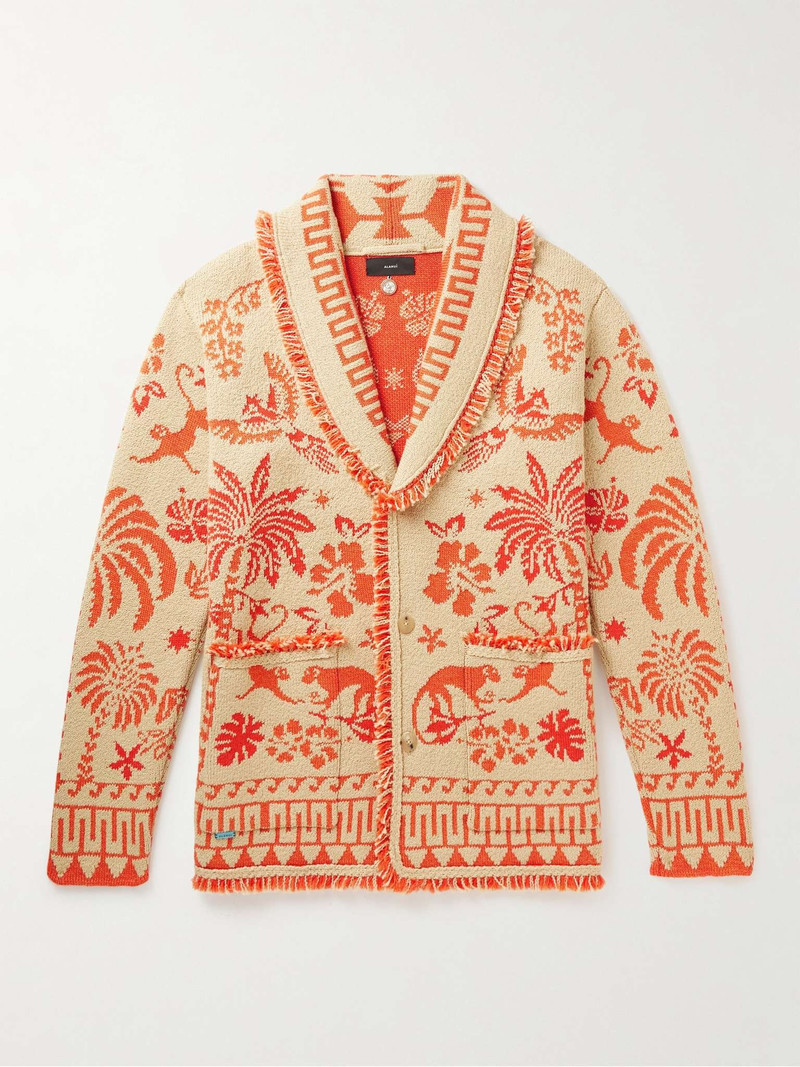 Explosion of Nature Fringed Wool and Cotton-Blend Jacquard Cardigan 1