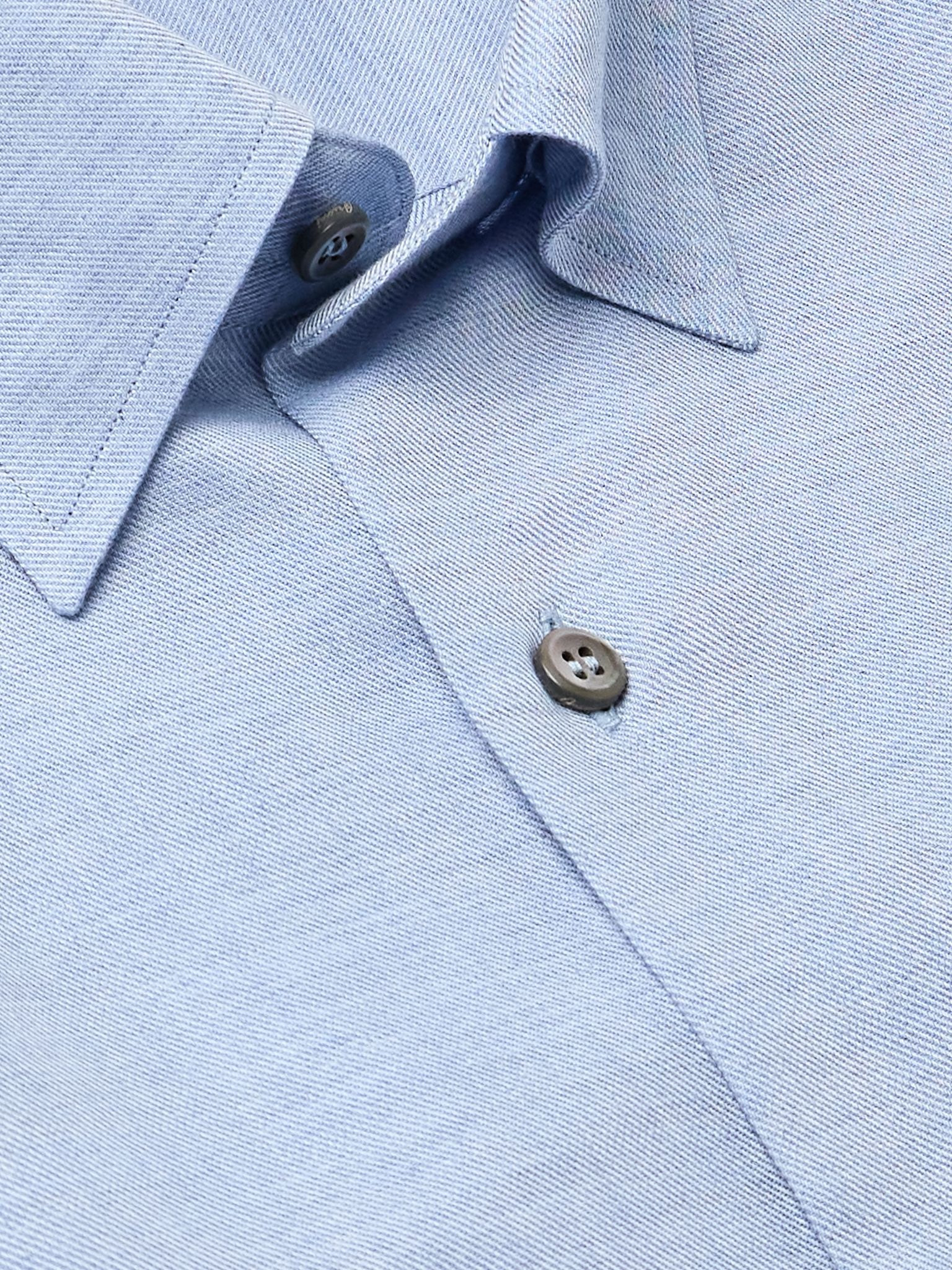 Button-Down Collar Cotton and Cashmere-Blend Twill Shirt Blue - 5