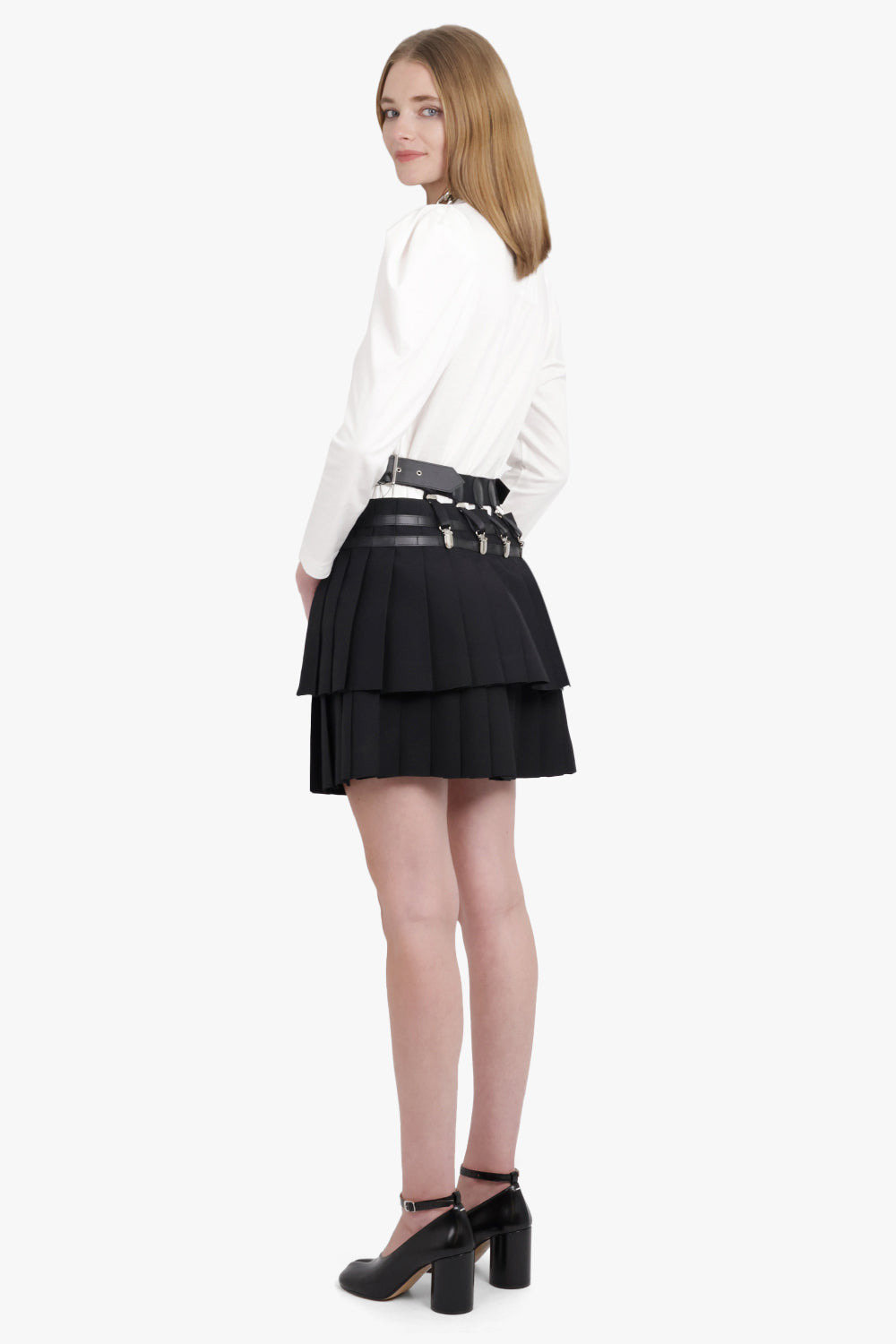 LAYERED MINI PLEAT SKIRT WITH CLIP DETAIL | BLACK - 6