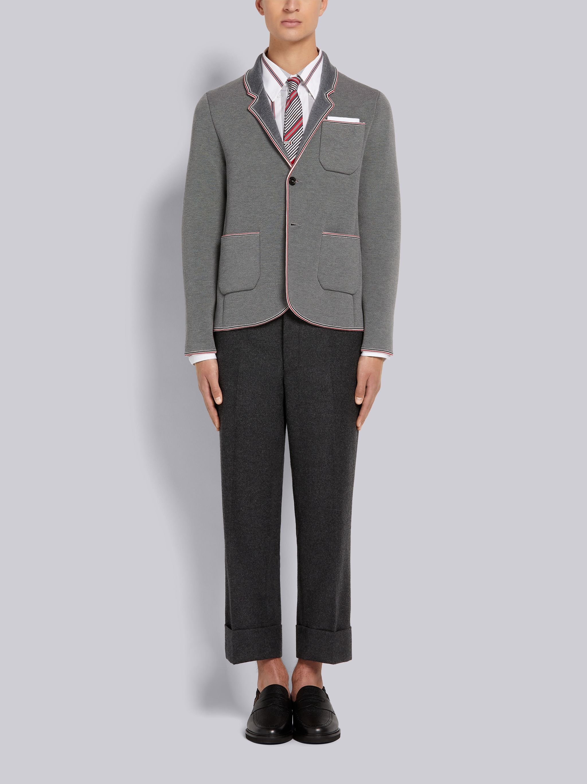 Light Grey Pique and Jersey Jersey Stitch Stripe Tipping Sport Coat - 4