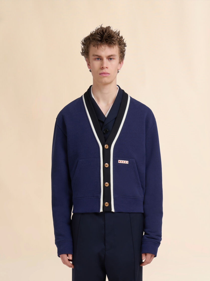 BLUE ORGANIC COTTON CARDIGAN SWEATSHIRT WITH BICOLOUR PLACKET - 2