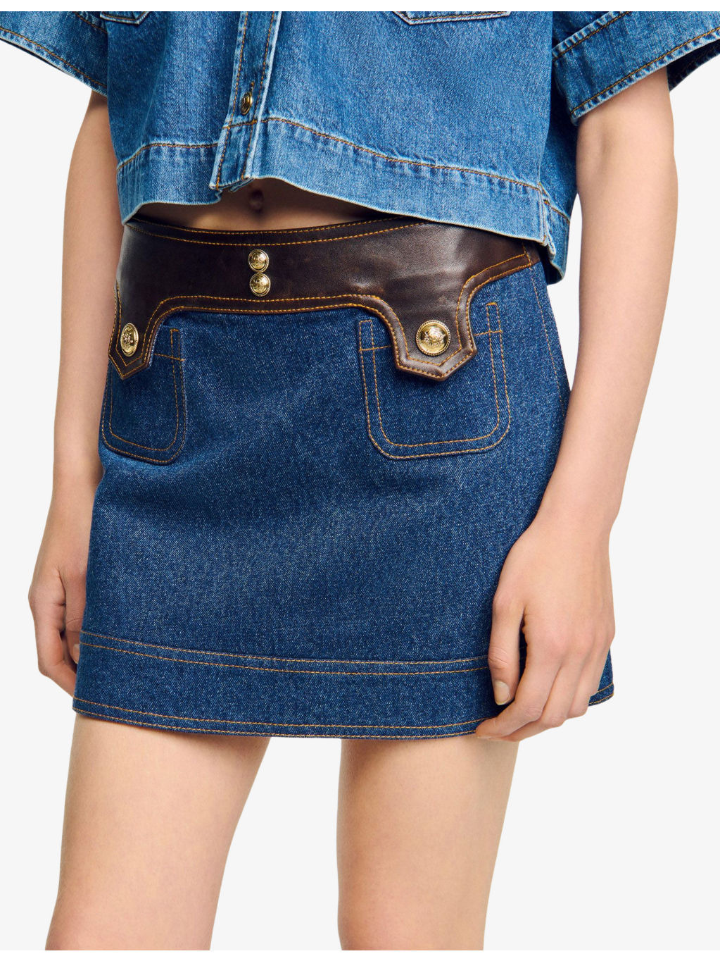 Leather-Trim Mid-Rise Denim Mini Skirt - 5