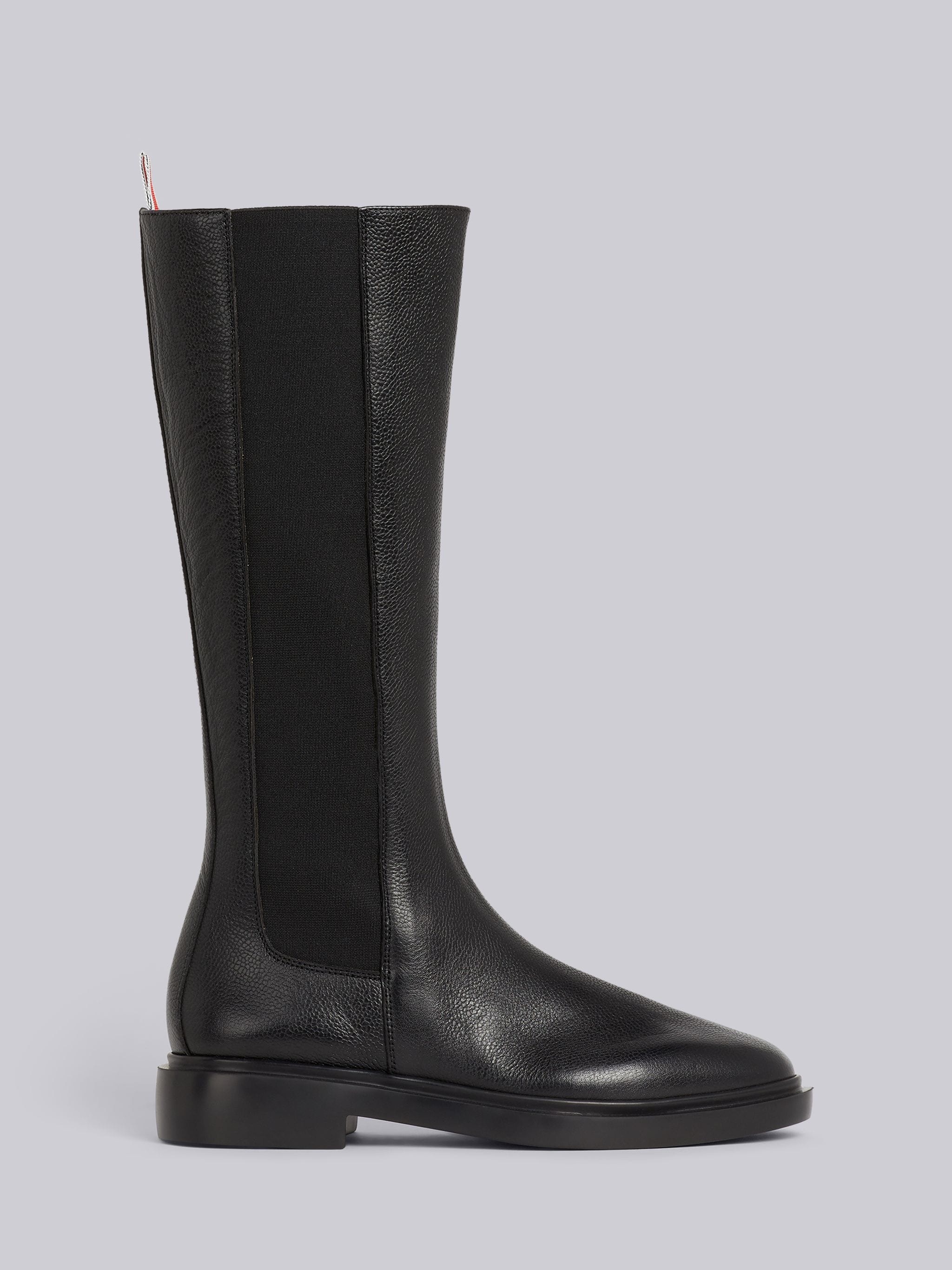 Black Pebble Grain Leather 4-Bar Lightweight Rubber Sole Knee High Chelsea Boot - 1
