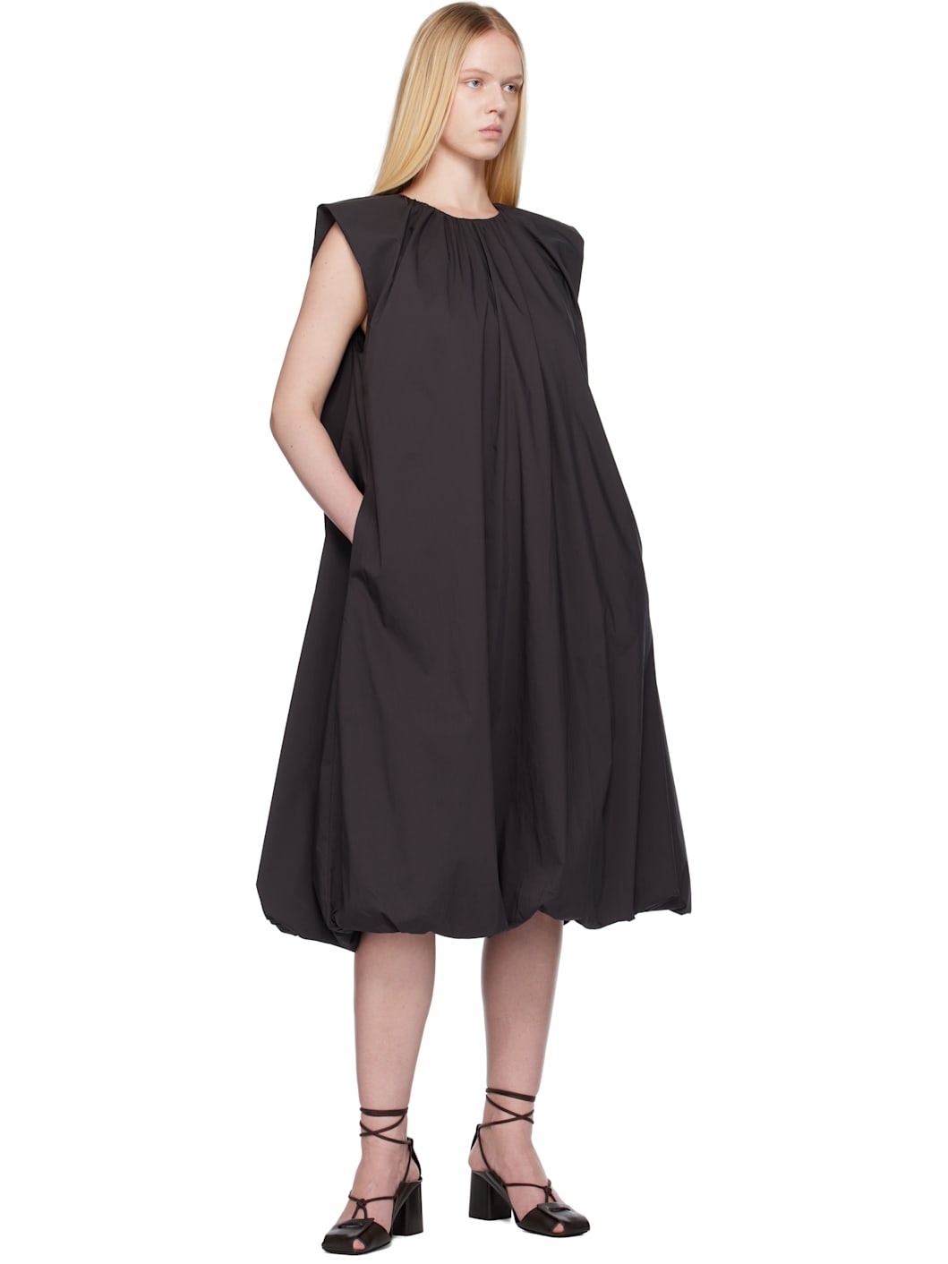 Gray Cotton Volume Shirring Minidress - 4