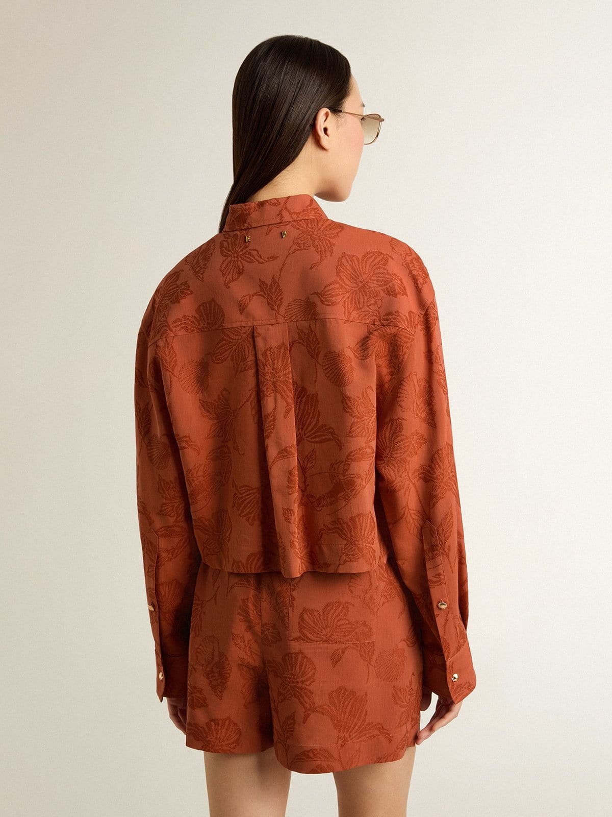 Women's cropped shirt in brick red jacquard with wide sleeves - 4