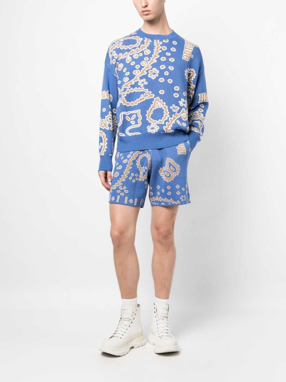bandana-intarsia "Light Blue/Tan/Creme" knitted shorts - 2
