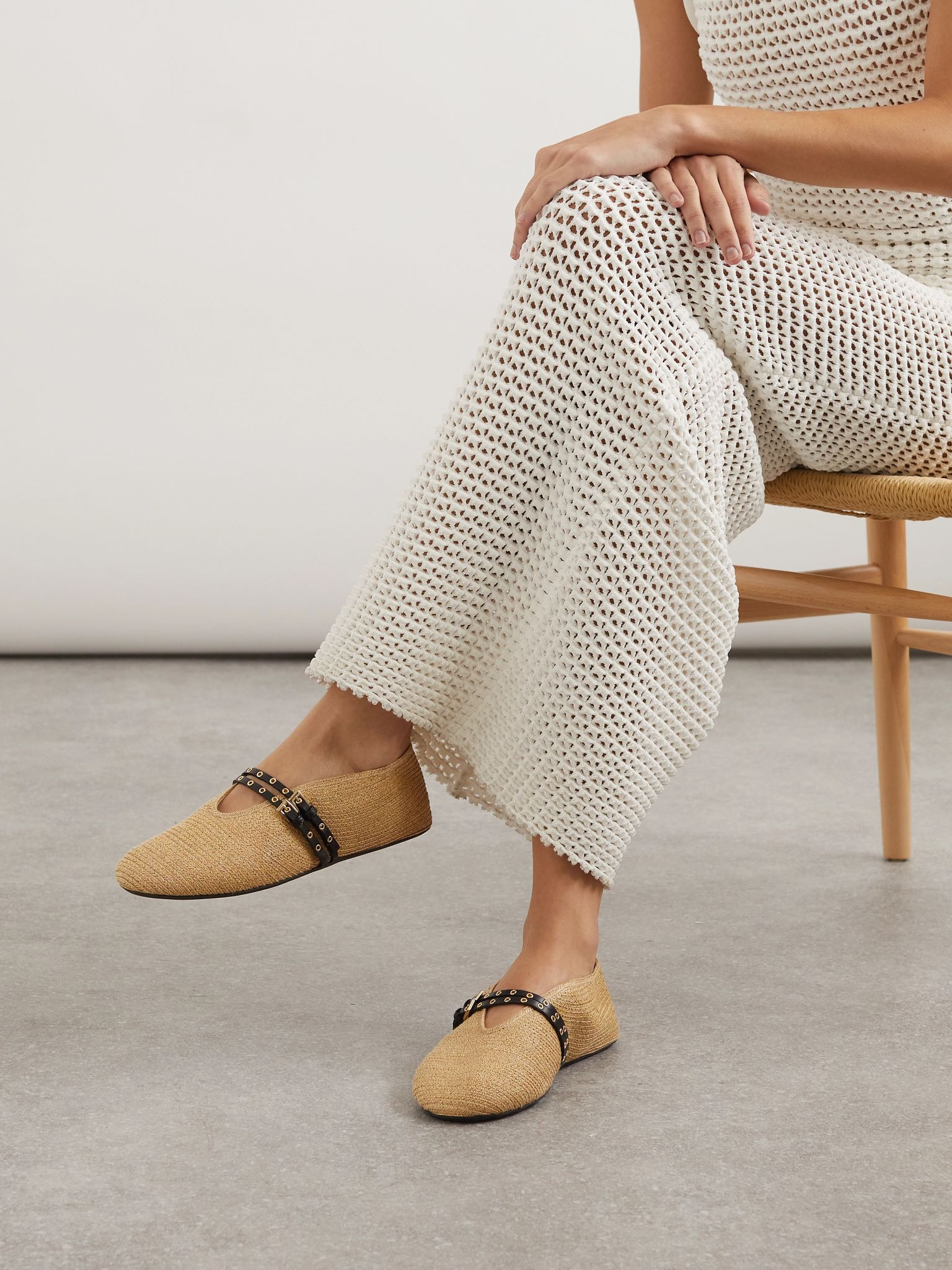 Leather-trimmed raffia ballet flats Beige - 2