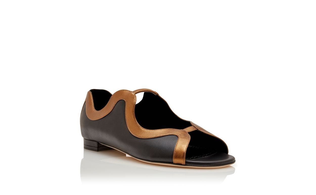 Black and Bronze Nappa Leather Flat Sandals - 3