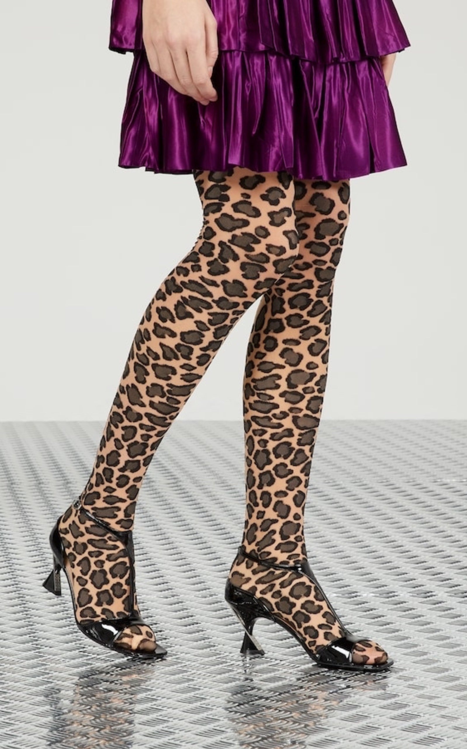Stretch Knit Leopard Print Tights In Beige - 2