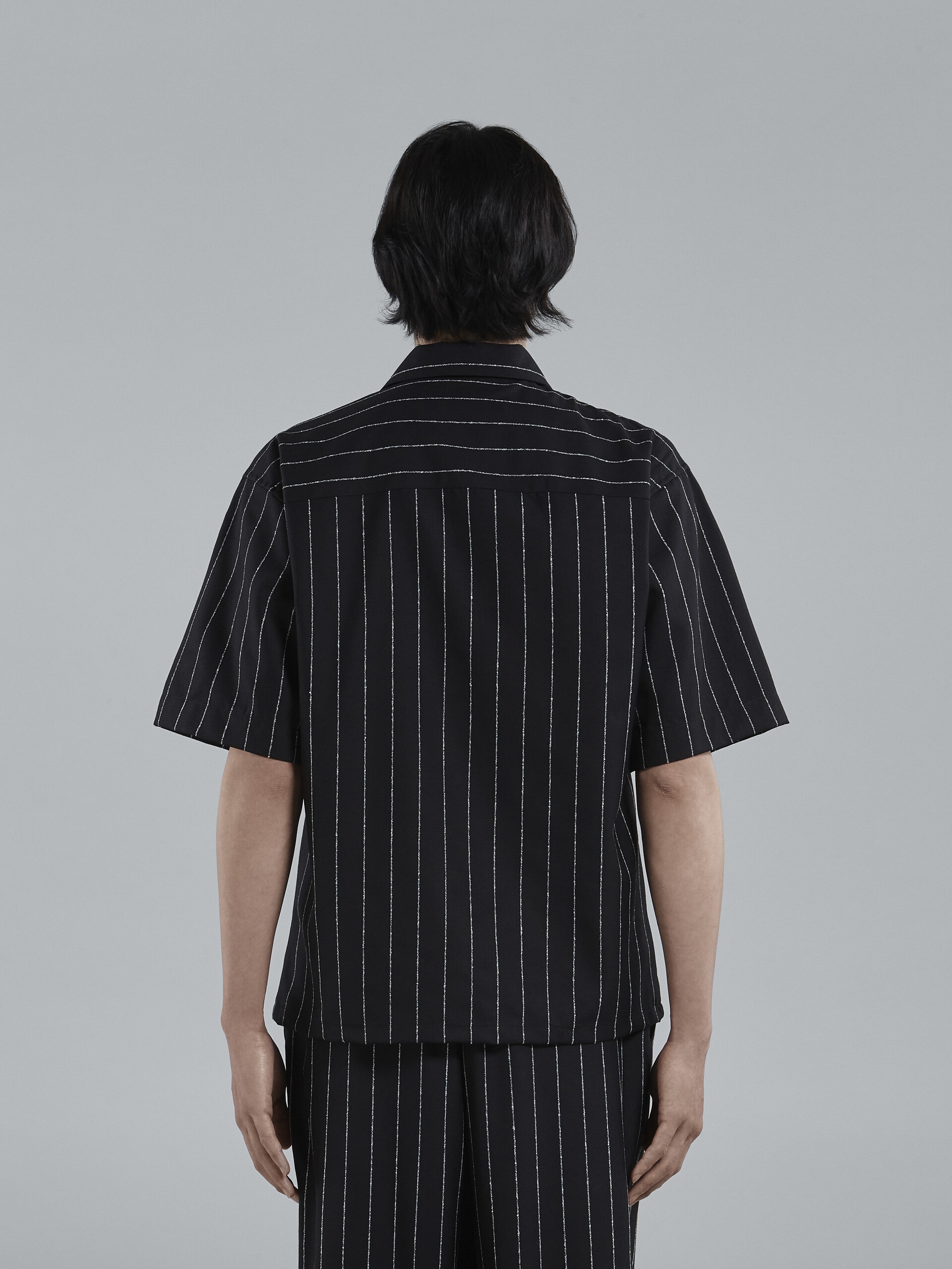 BLACK PINSTRIPED FRESCO WOOL BOWLING SHIRT - 3
