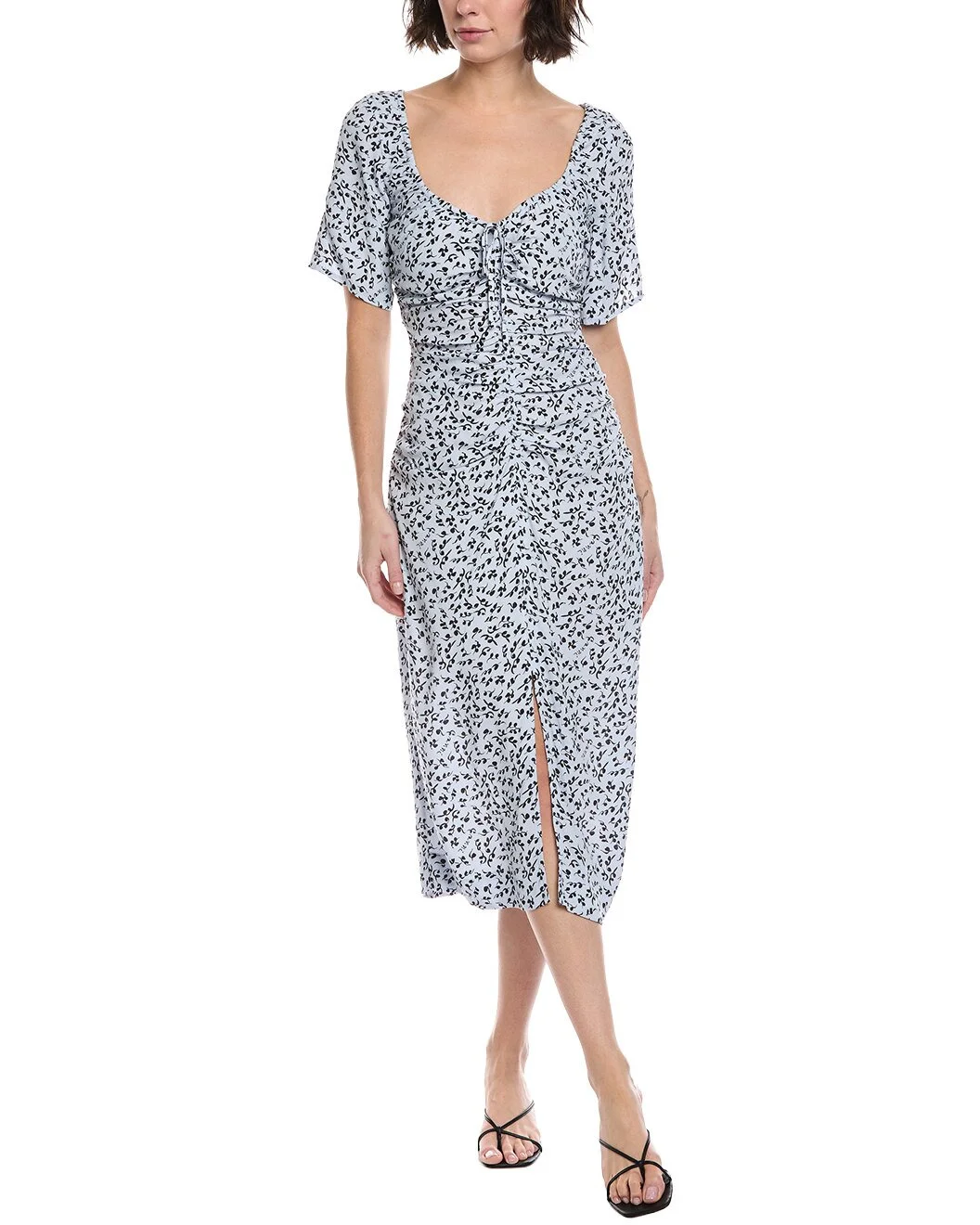 GANNI Printed Crepe Gathered U-Neck Midi Dress - 1