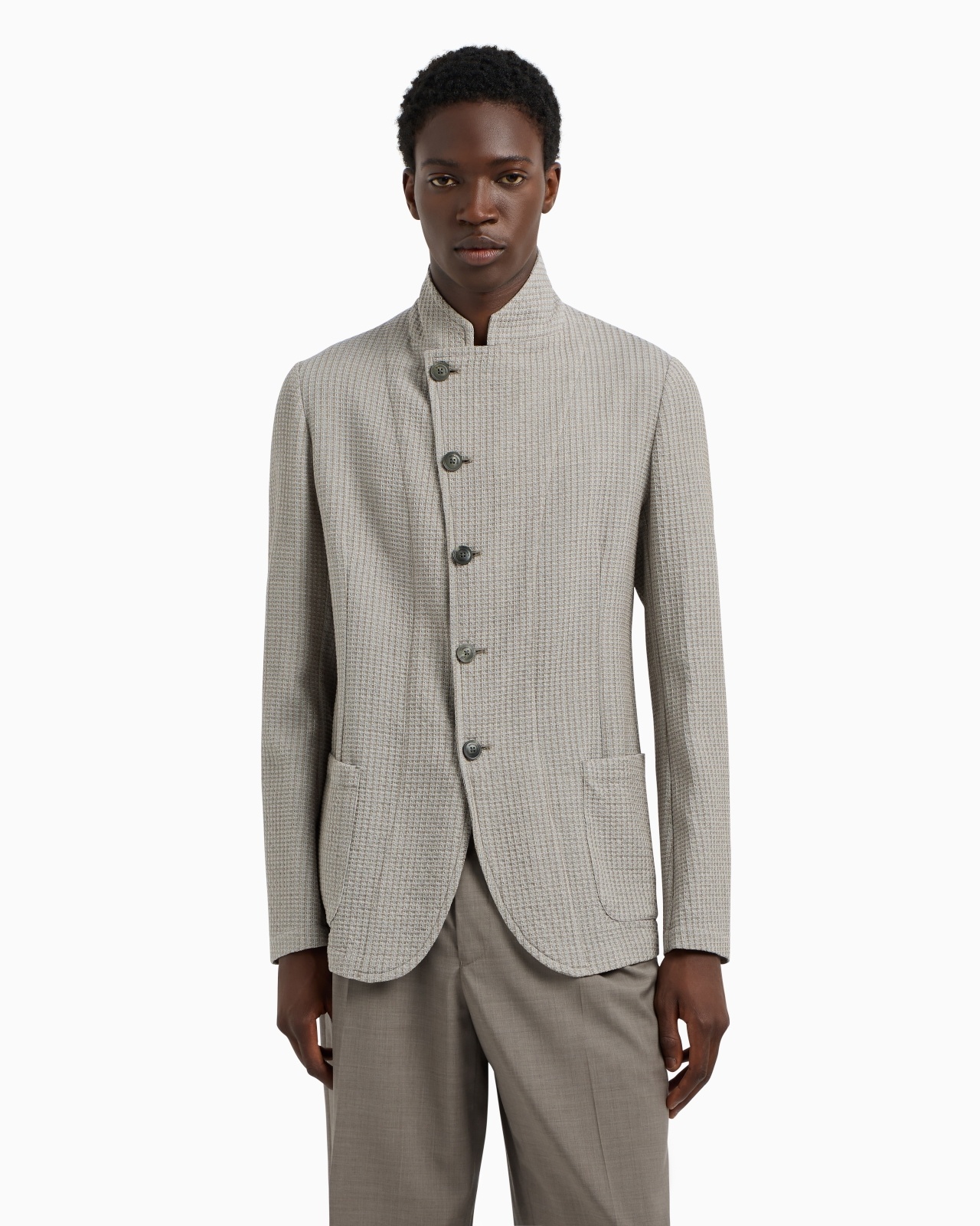 GURU-COLLAR JACKET WITH OFF-CENTRE FASTENING IN ARMURE VIRGIN WOOL - 2