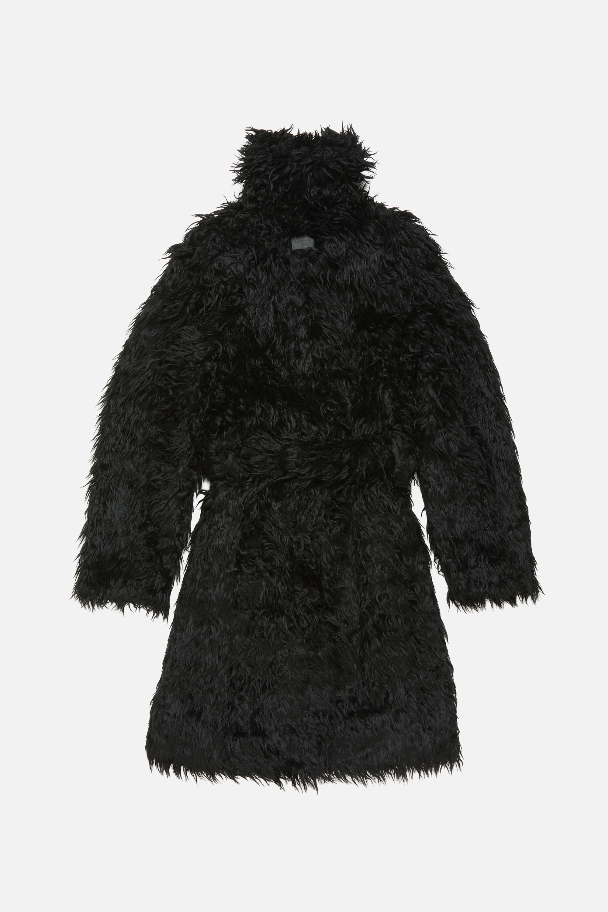 Faux fur belted coat - Black - 7