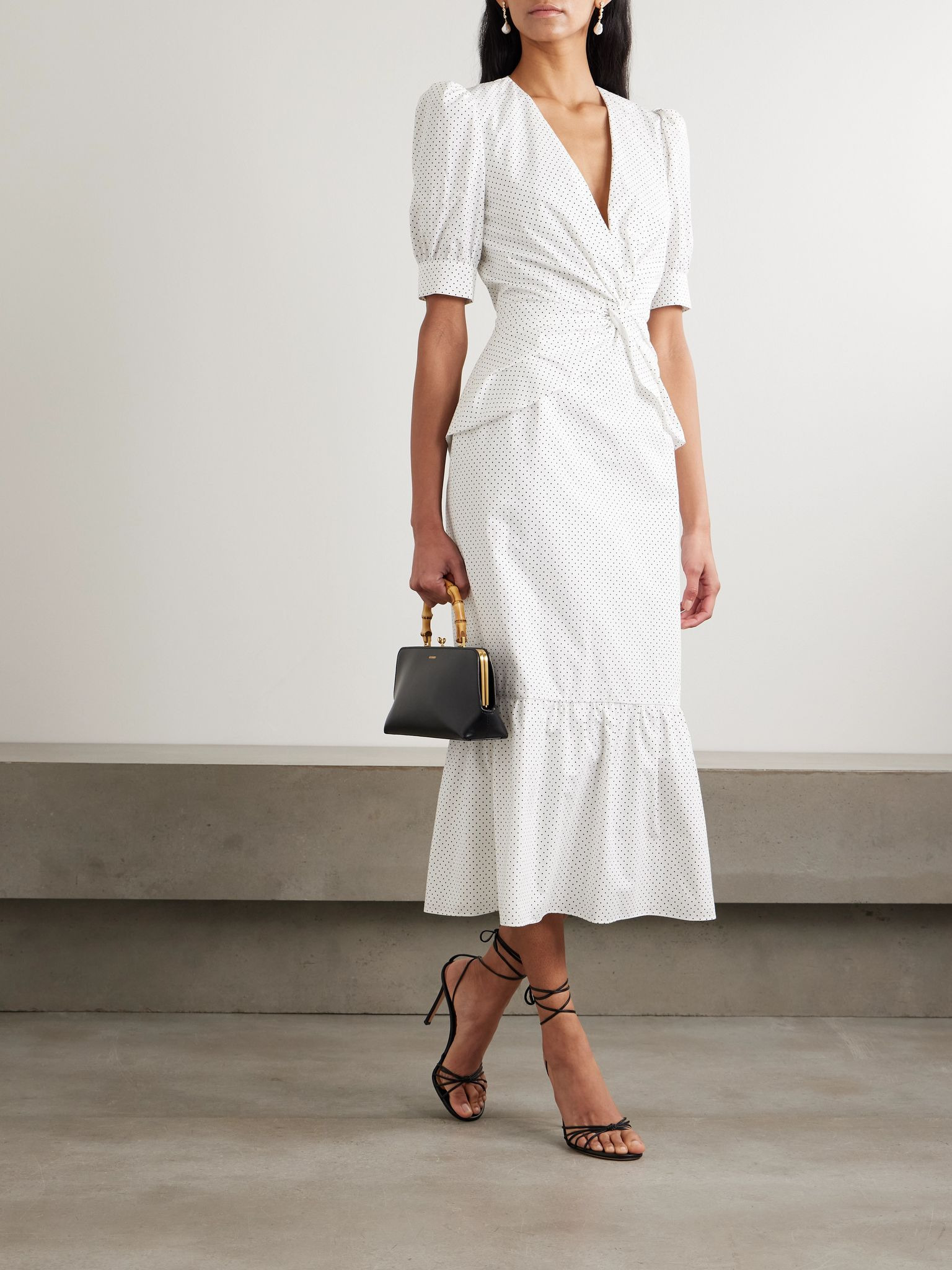 Twist-front gathered printed cotton-poplin midi dress White - 2
